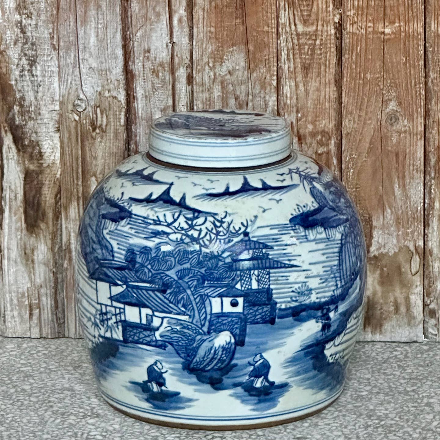 Cobalt Guild Home Decor Blue and White Porcelain Landscape Lidded Round Storage Jar