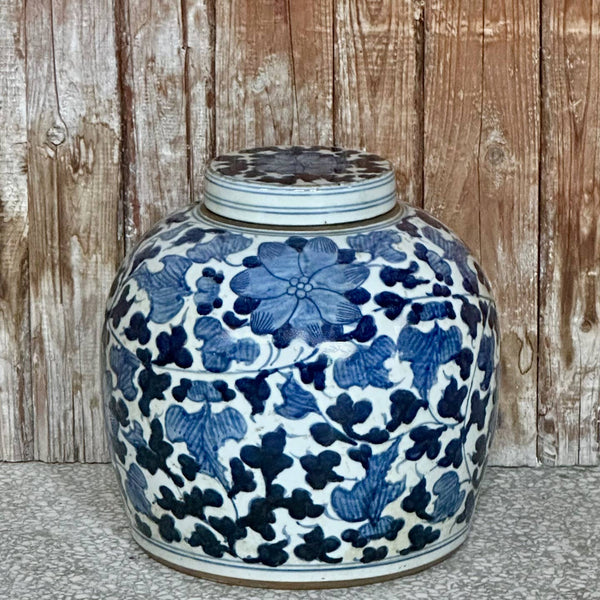 Cobalt Guild Home Decor Blue and White Porcelain Peony Lidded Round Storage Jar