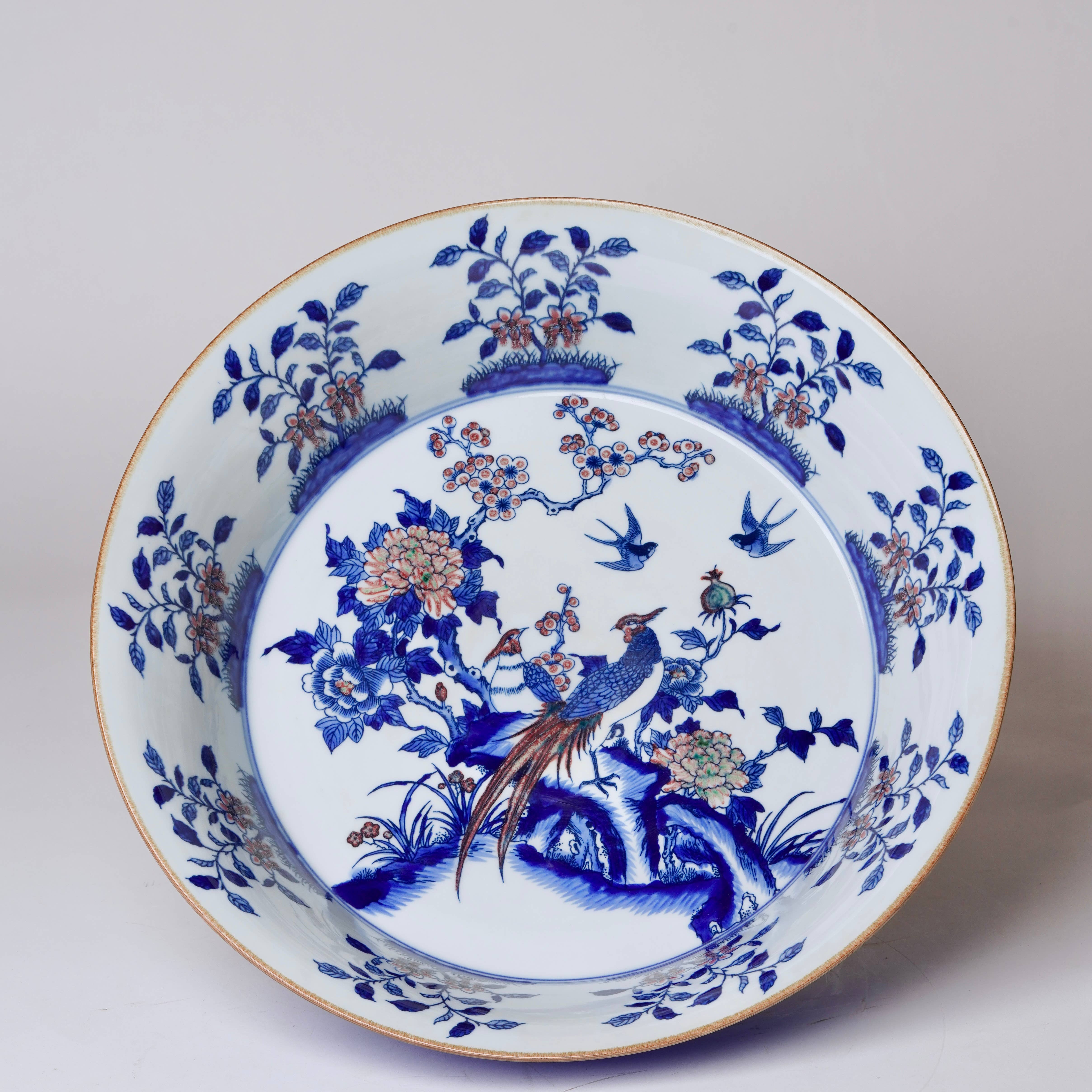 Cobalt Guild Home Decor Blue and White Porcelain Pheasant and Peony Large Dish