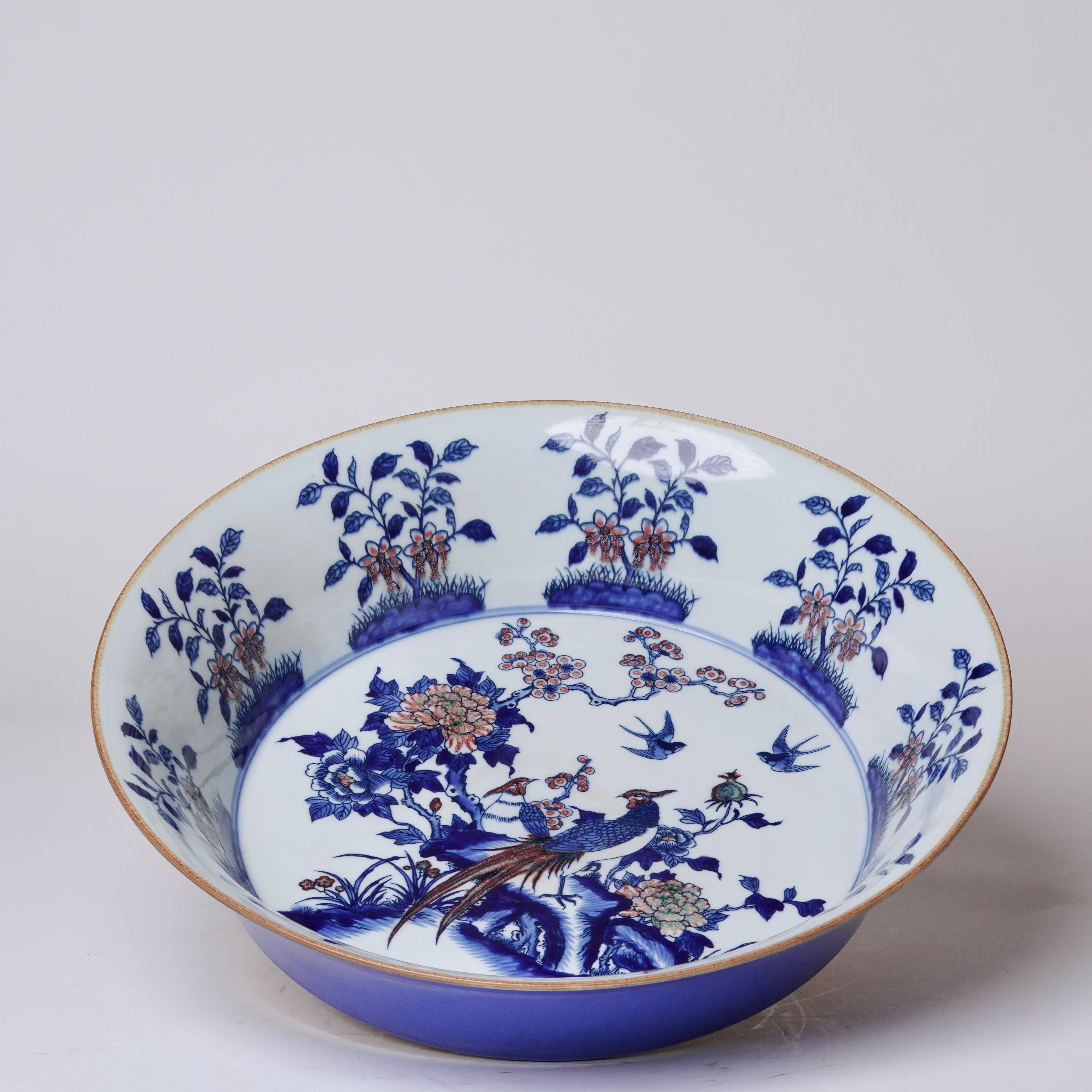 Cobalt Guild Home Decor Blue and White Porcelain Pheasant and Peony Large Dish