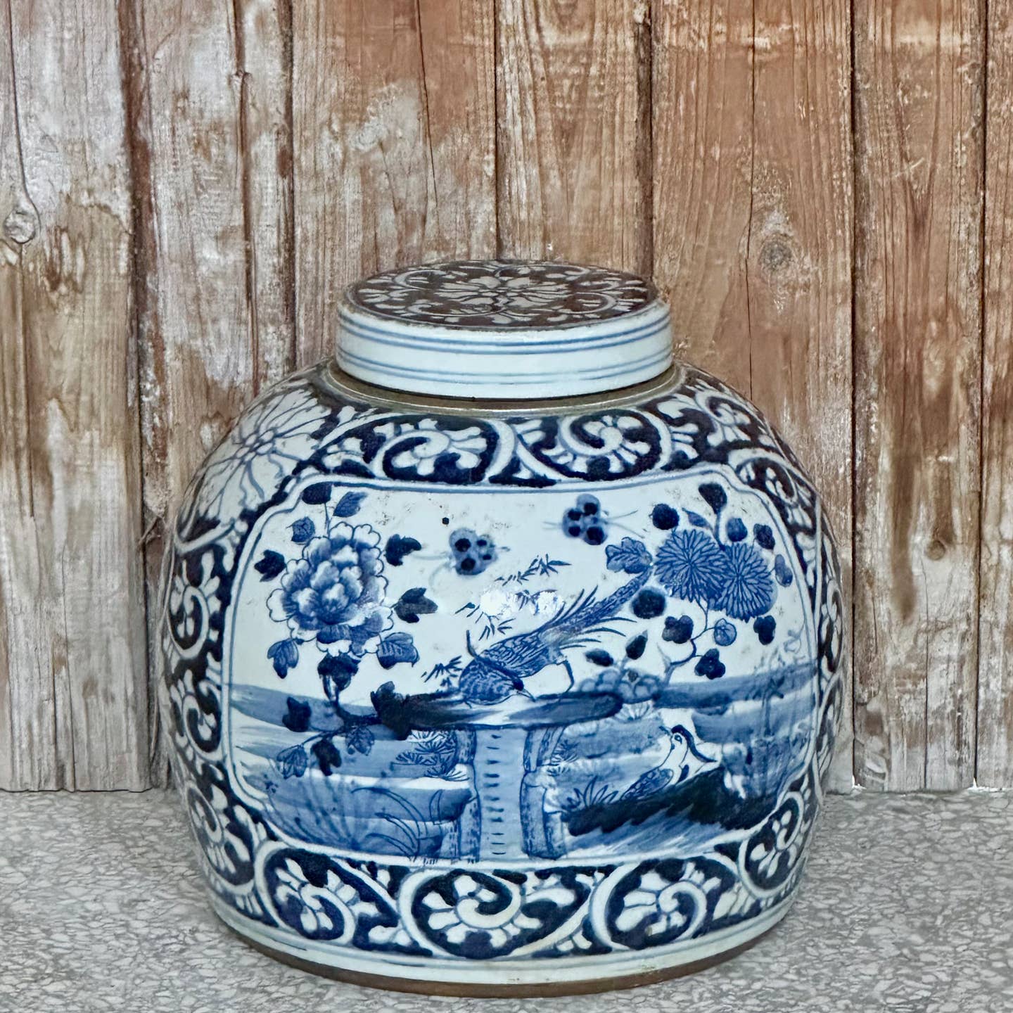 Cobalt Guild Home Decor Blue and White Porcelain Pheasant Lidded Round Storage Jar