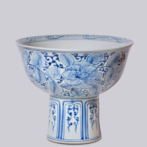 Cobalt Guild Home Decor Blue and White Porcelain Rose Large Footed Bowl
