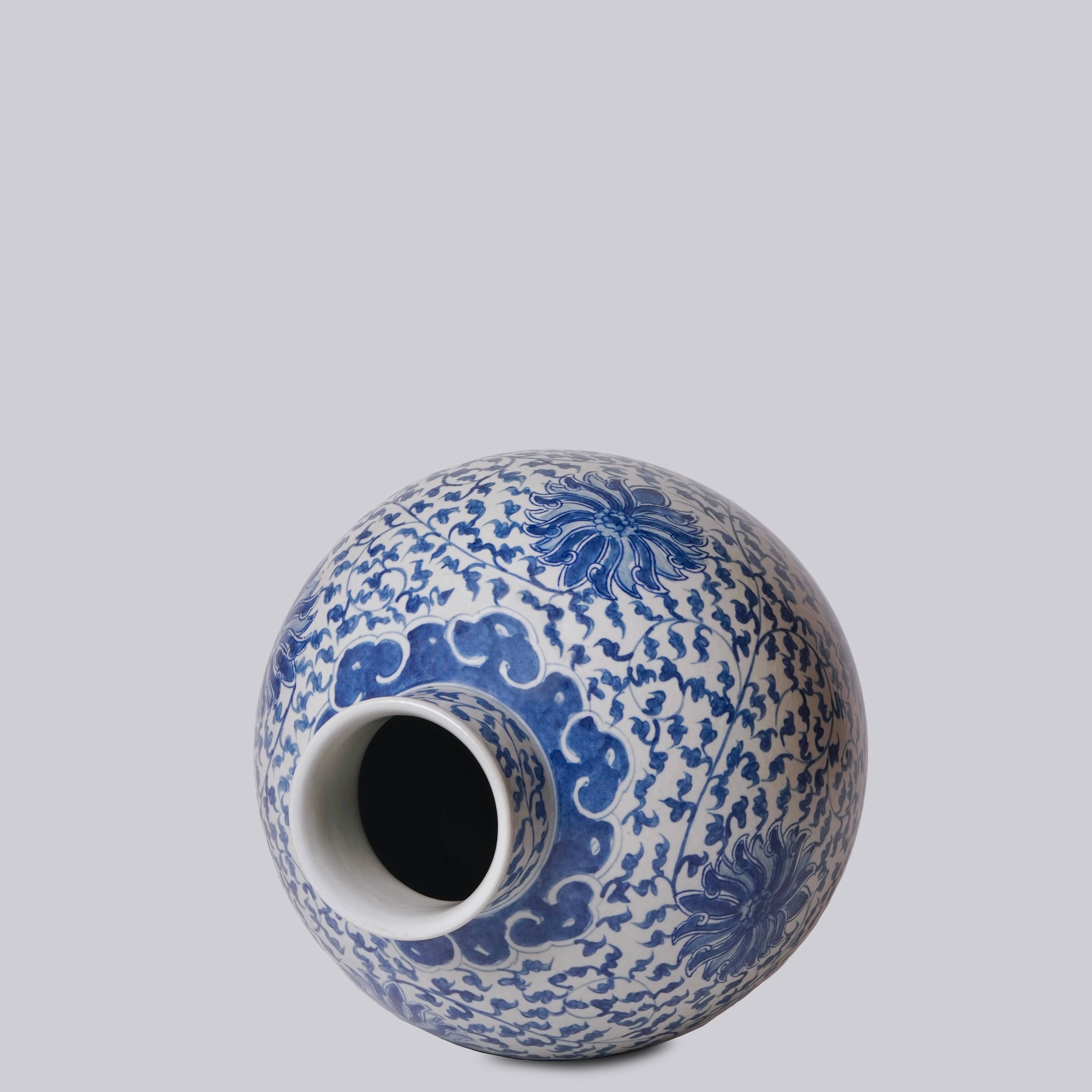 Cobalt Guild Home Decor Blue and White Porcelain Scrolling Lotus Globe Vase