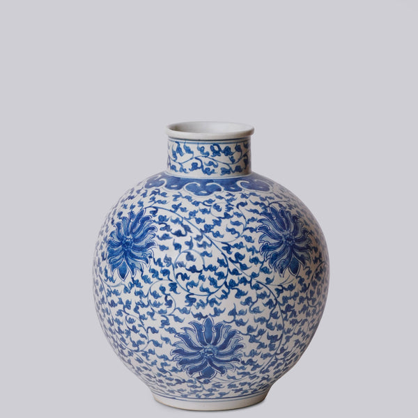 Cobalt Guild Home Decor Blue and White Porcelain Scrolling Lotus Globe Vase