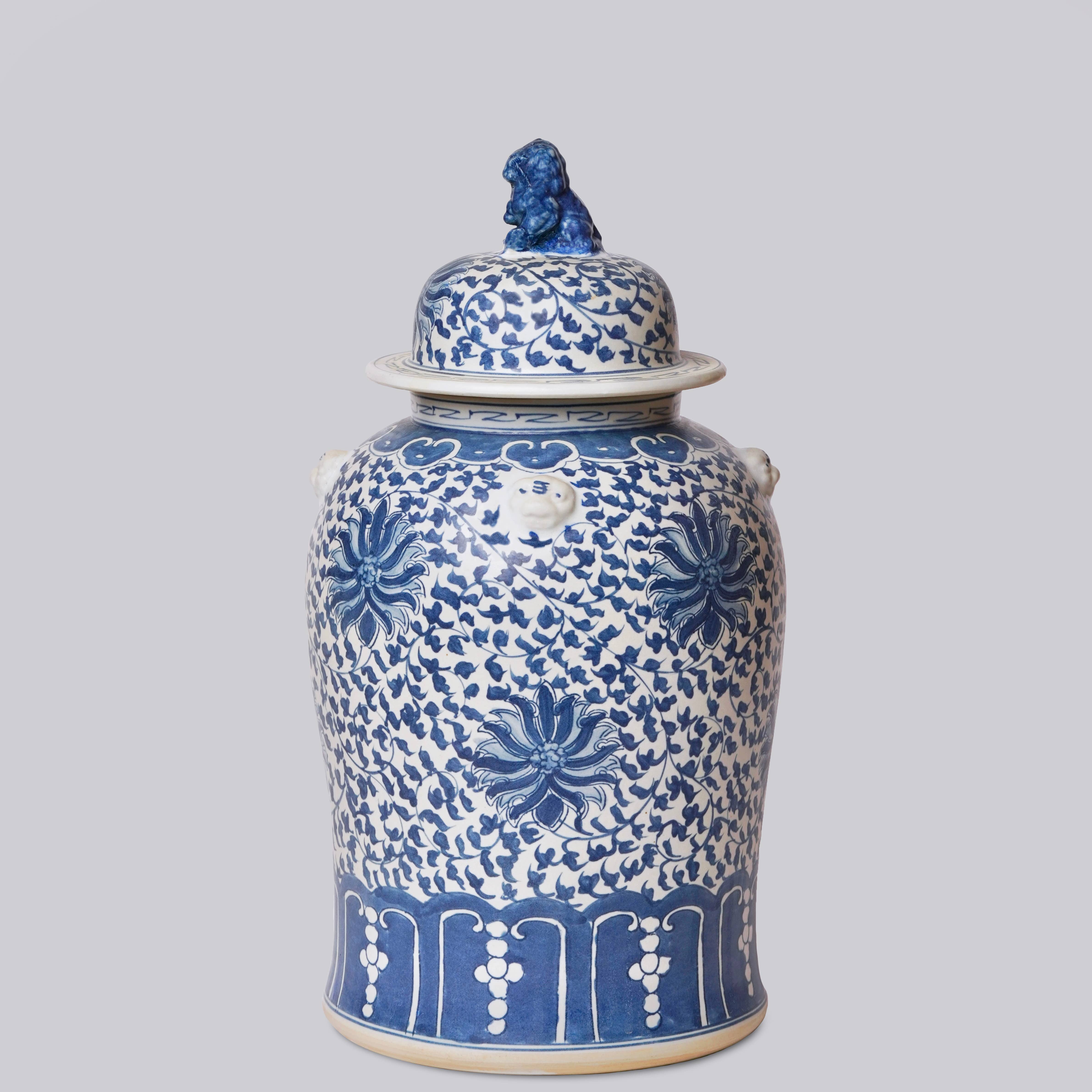 Cobalt Guild Home Decor Blue and White Porcelain Scrolling Lotus Rondelle Temple Jar
