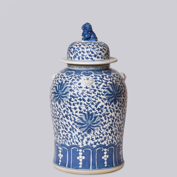 Cobalt Guild Home Decor Blue and White Porcelain Scrolling Lotus Rondelle Temple Jar
