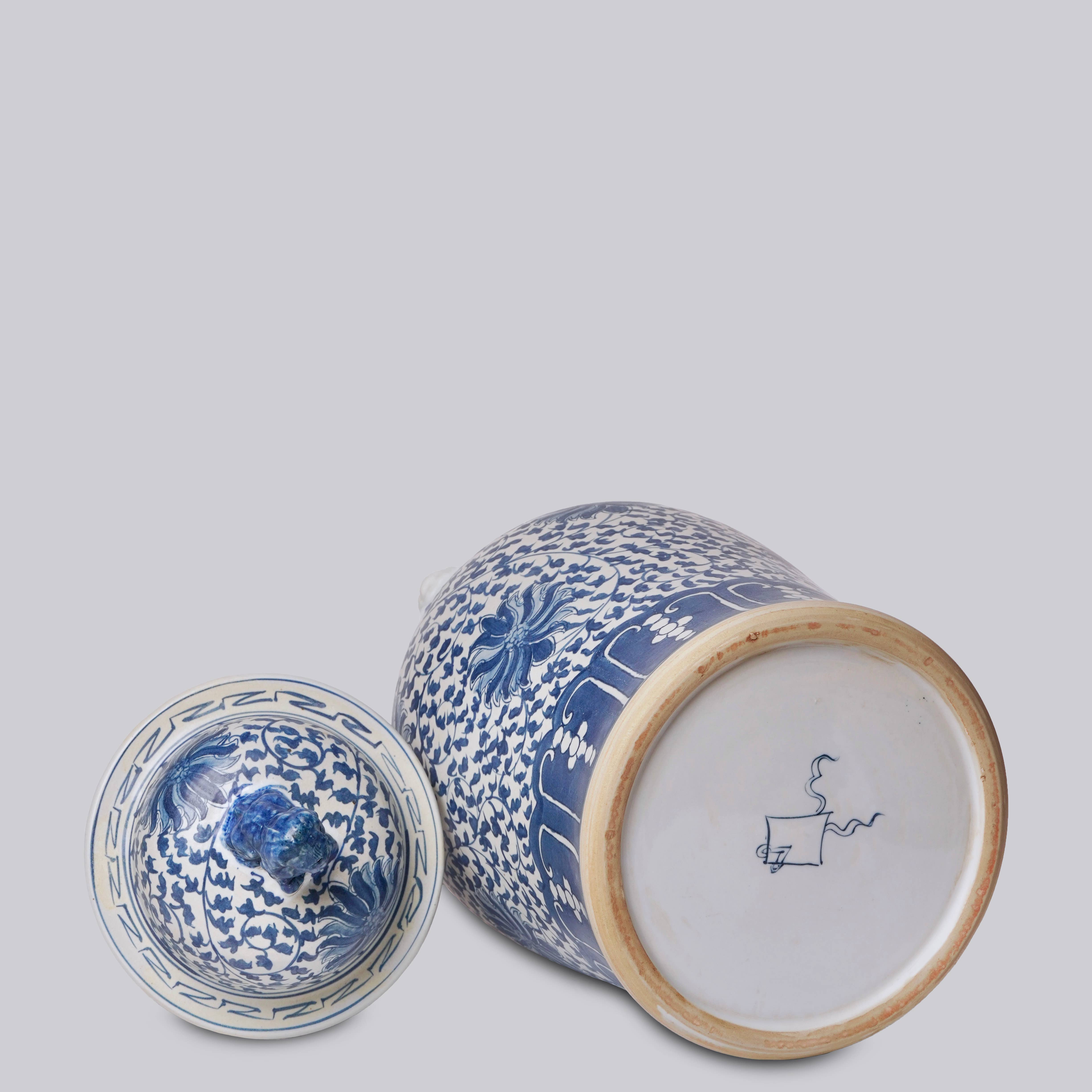 Cobalt Guild Home Decor Blue and White Porcelain Scrolling Lotus Rondelle Temple Jar