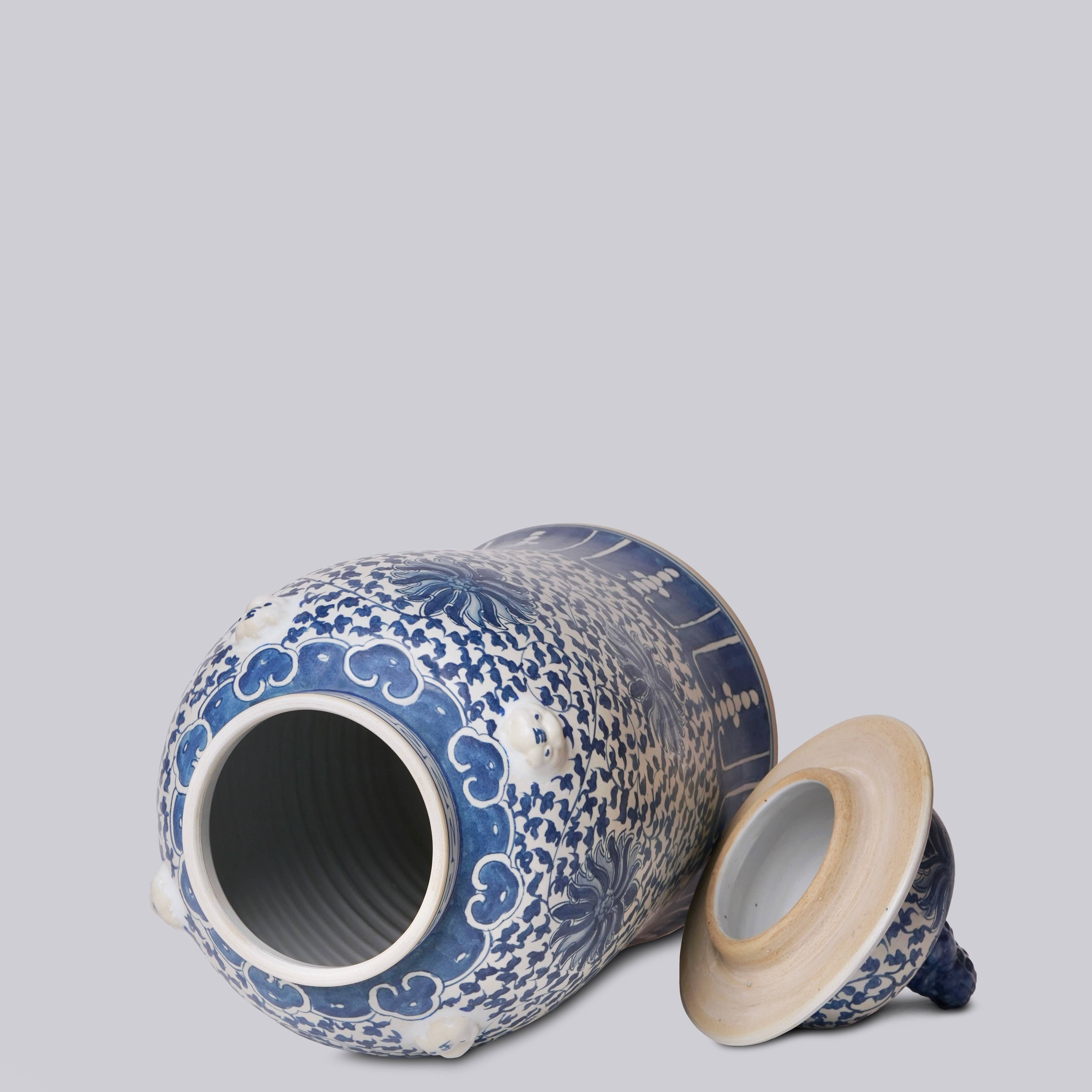 Cobalt Guild Home Decor Blue and White Porcelain Scrolling Lotus Rondelle Temple Jar
