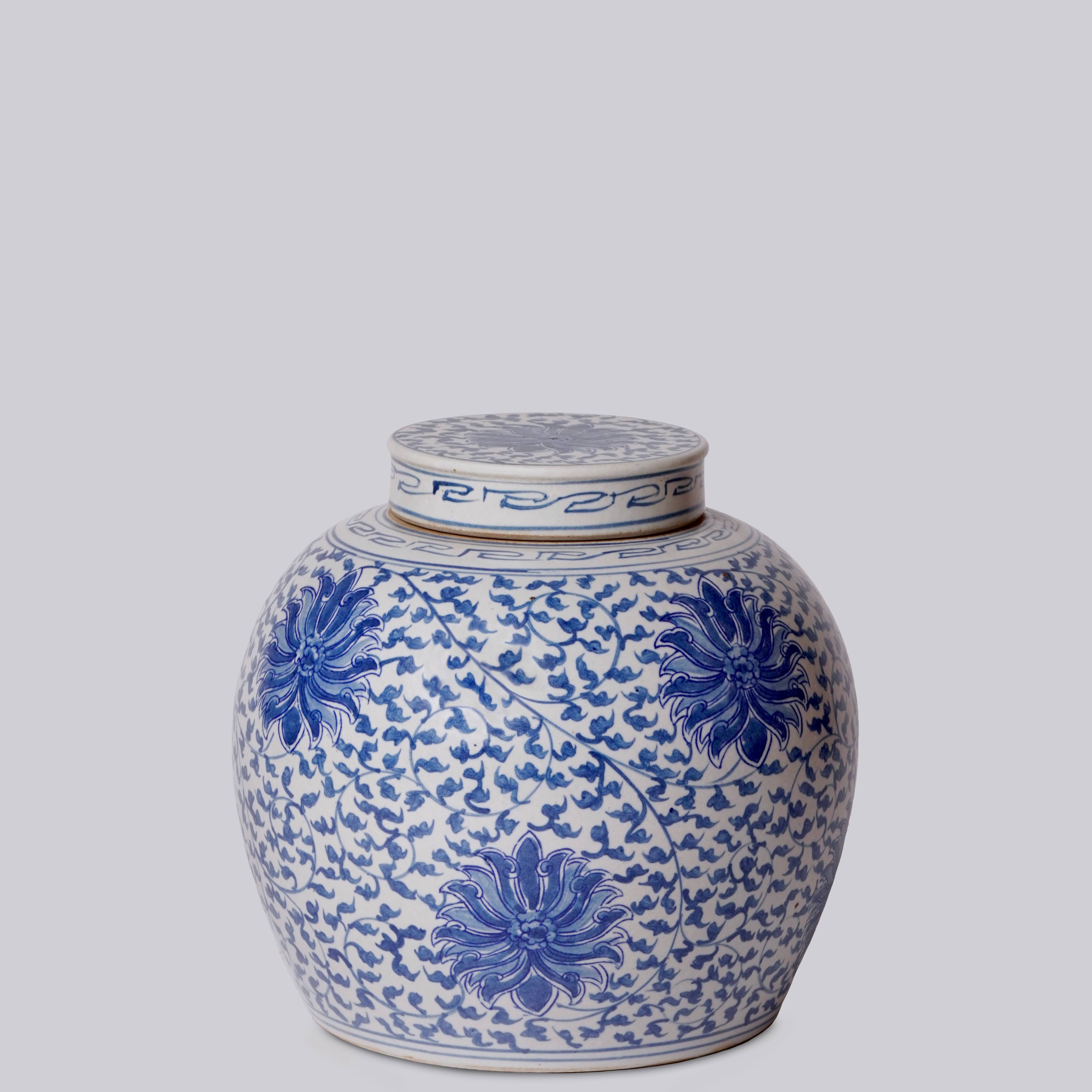 Cobalt Guild Home Decor Blue and White Porcelain Scrolling Lotus Round Lidded Jar