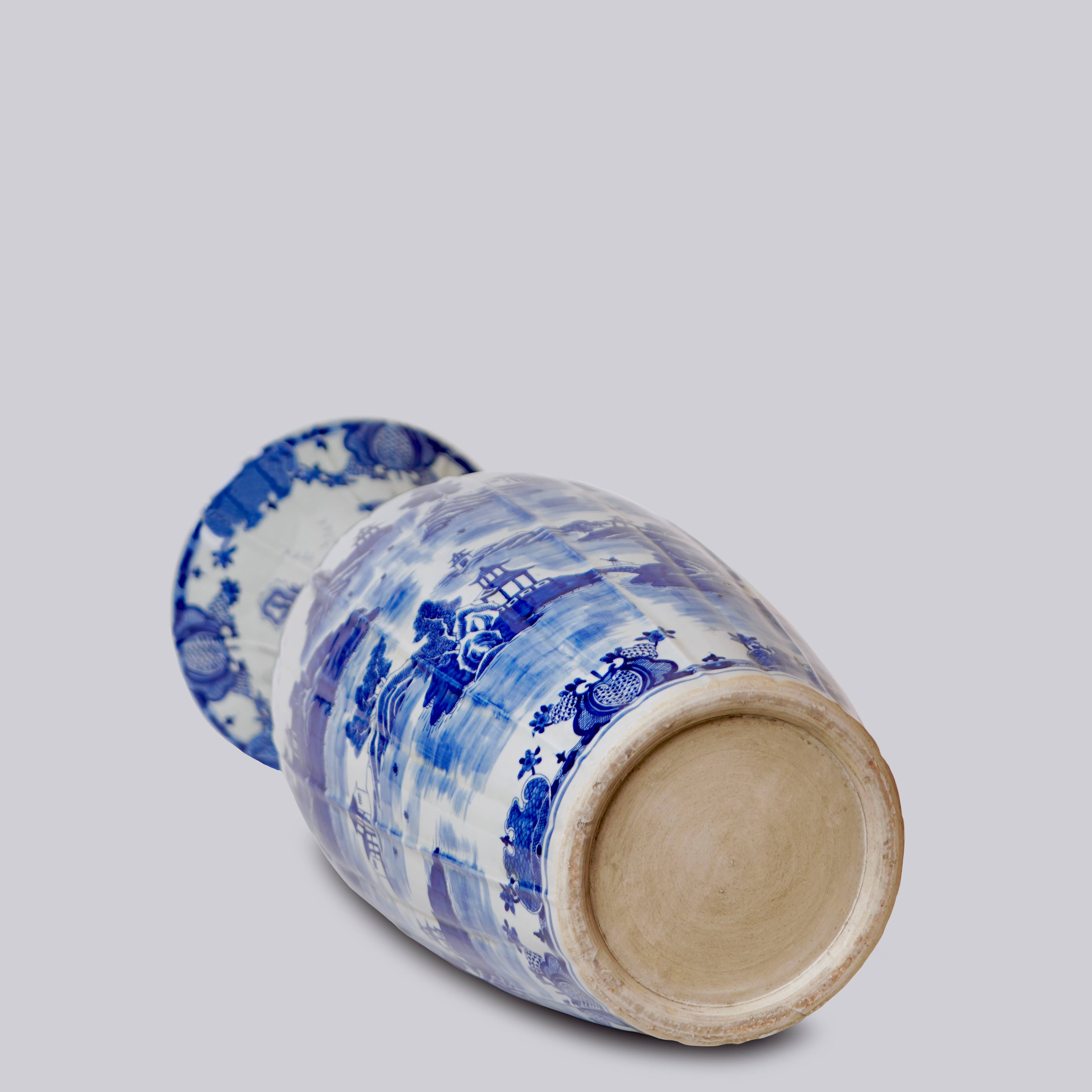 Cobalt Guild Home Decor Blue and White Ribbed Willow Ware Tall Vase