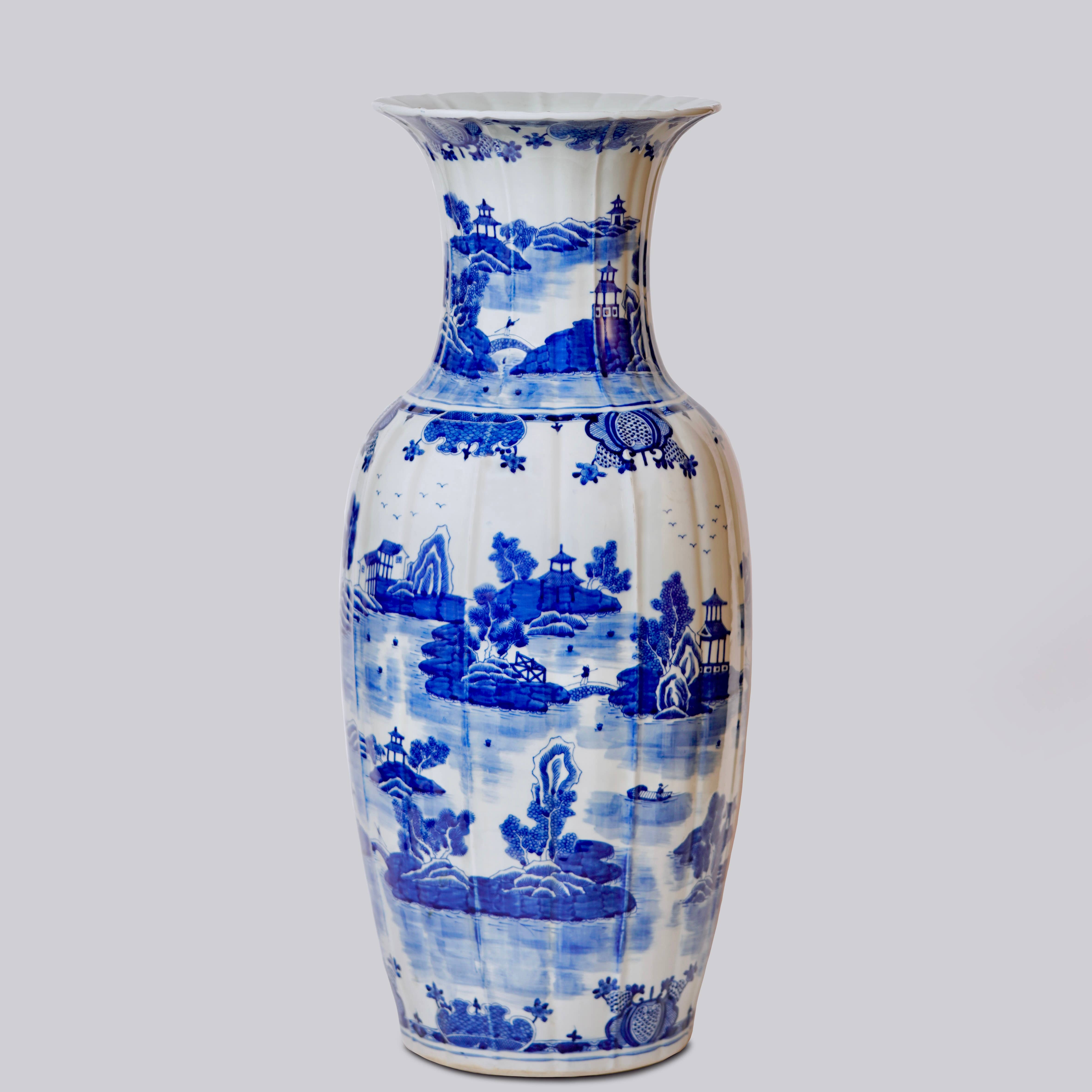 Cobalt Guild Home Decor Blue and White Ribbed Willow Ware Tall Vase