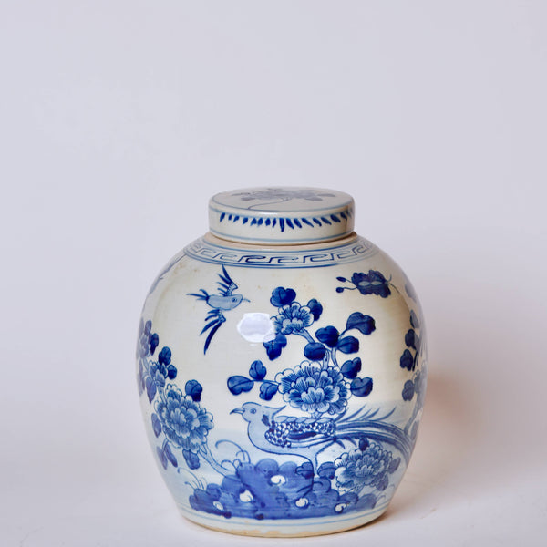 Cobalt Guild Home Decor Blue & White Porcelain Bird and Flower Round Storage Jar