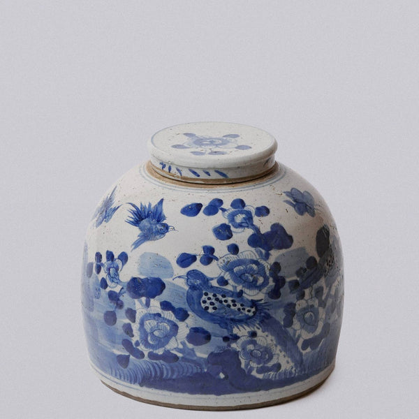 Cobalt Guild Home Decor Blue & White Porcelain Bird & Flower Large Round Storage Jar