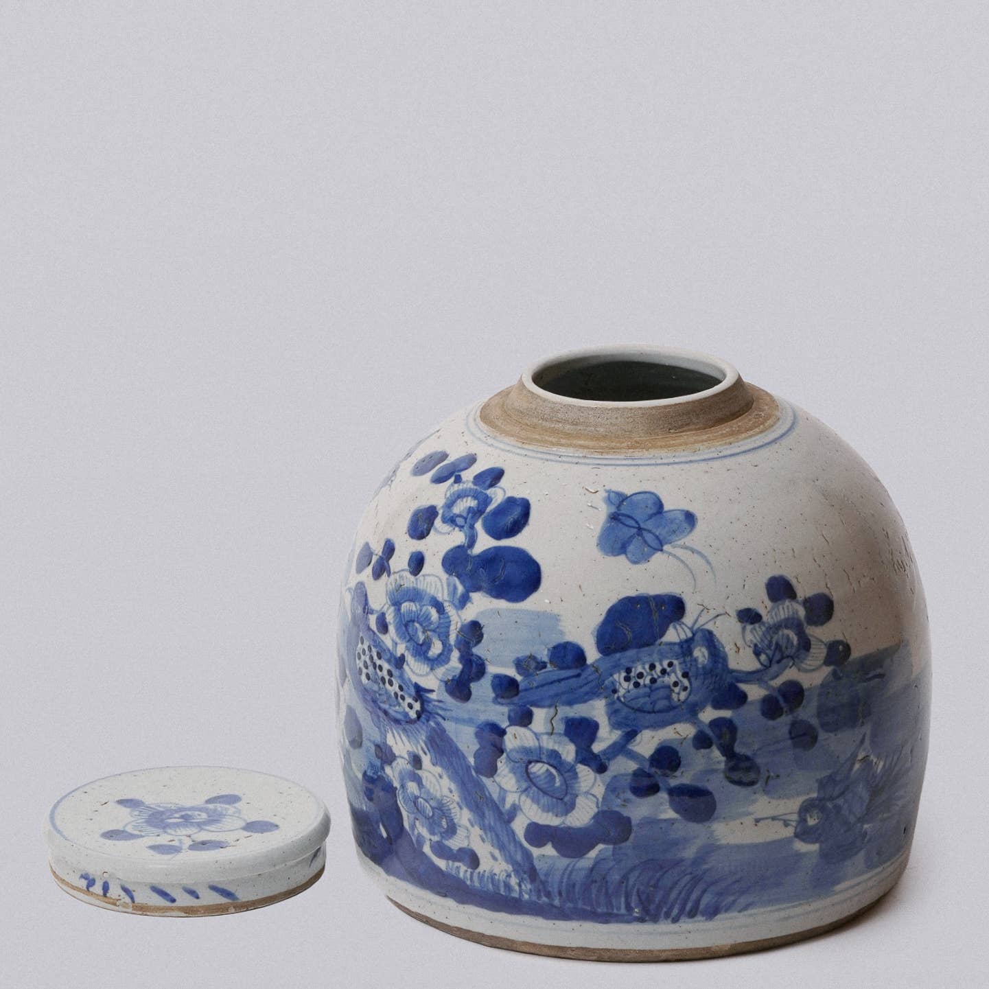 Cobalt Guild Home Decor Blue & White Porcelain Bird & Flower Large Round Storage Jar