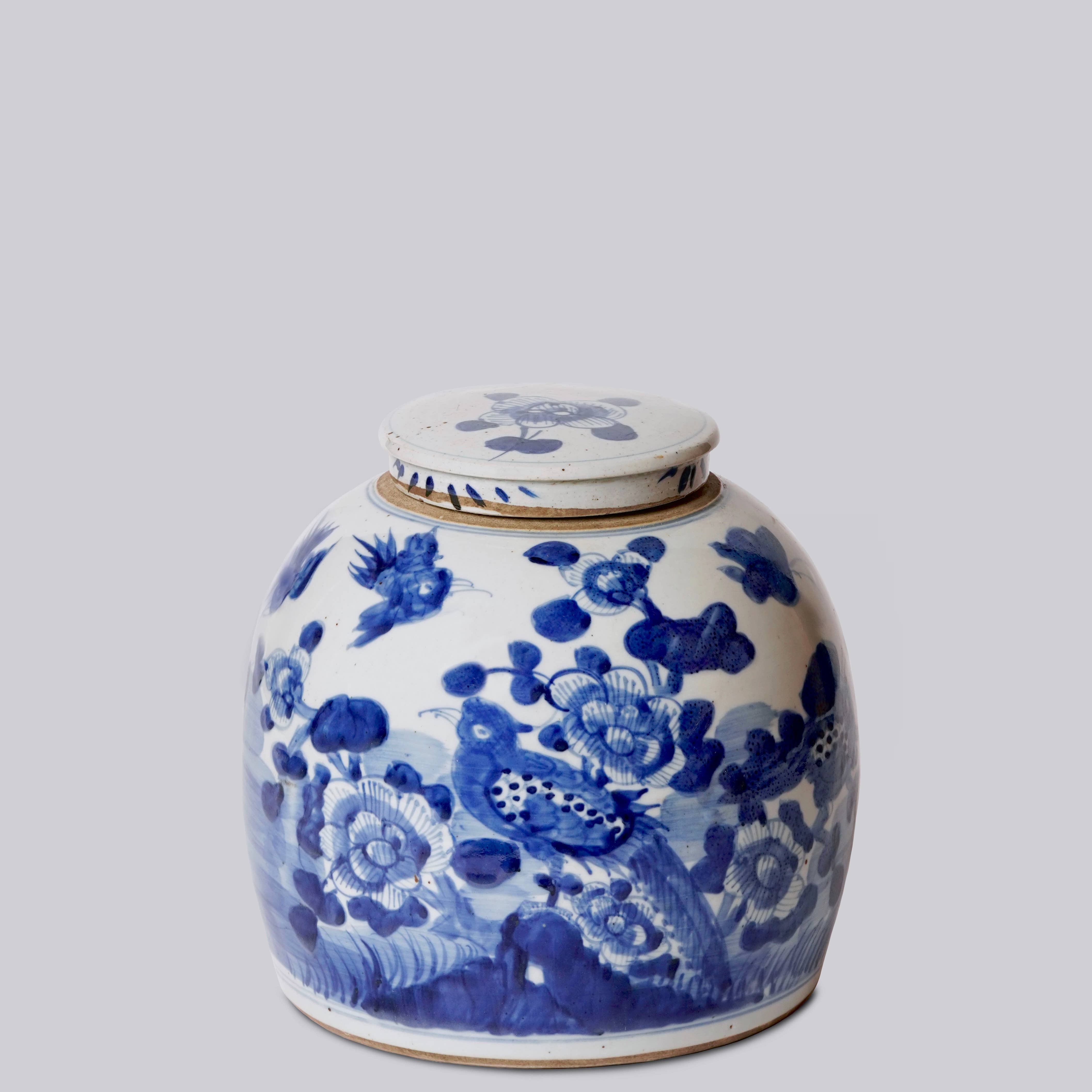 Cobalt Guild Home Decor Blue & White Porcelain Bird & Flower Med. Round Storage Jar