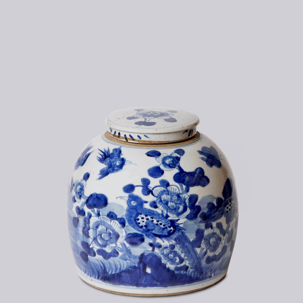 Cobalt Guild Home Decor Blue & White Porcelain Bird & Flower Med. Round Storage Jar