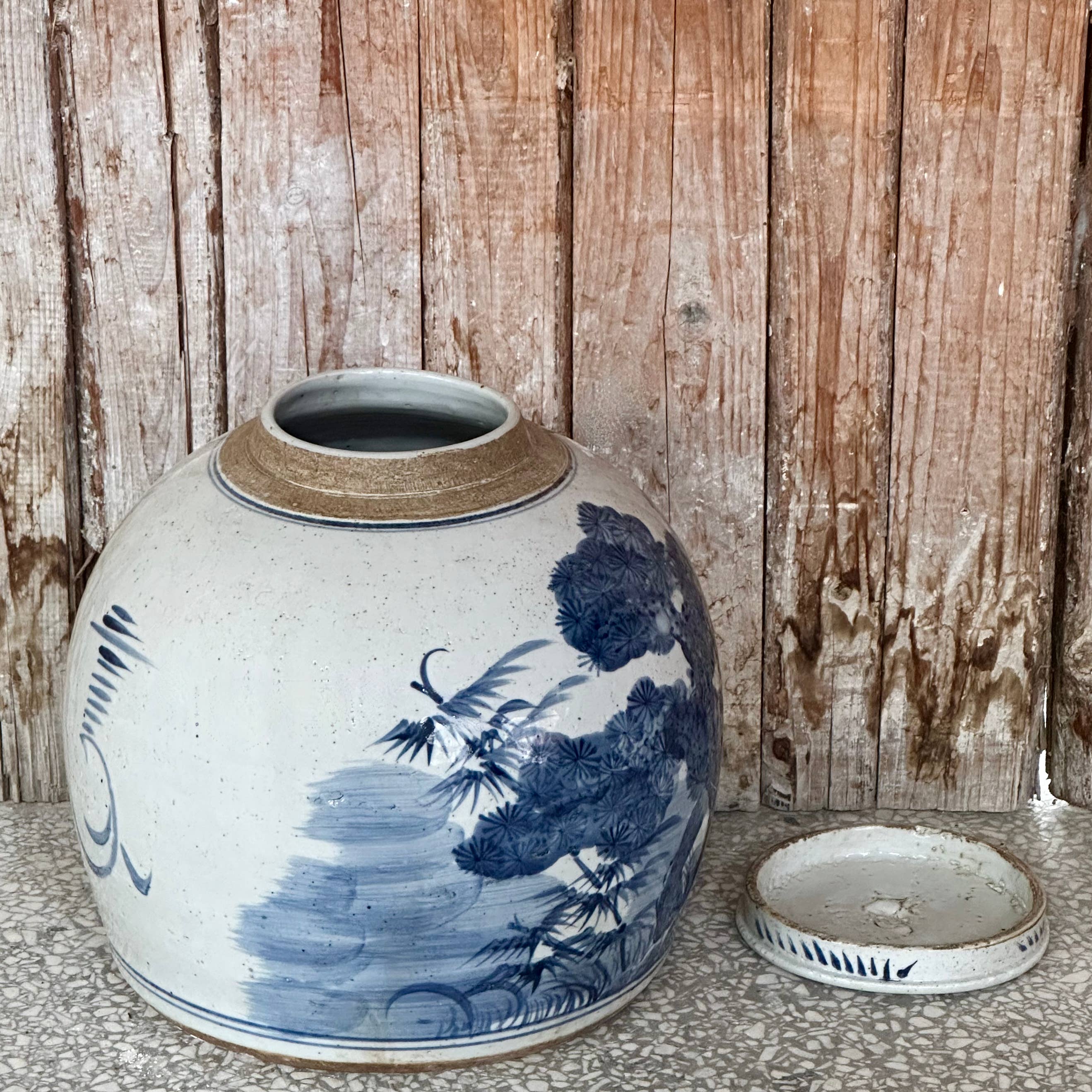 Cobalt Guild Home Decor Blue & White Porcelain Three Friends Large Round Storage Jar