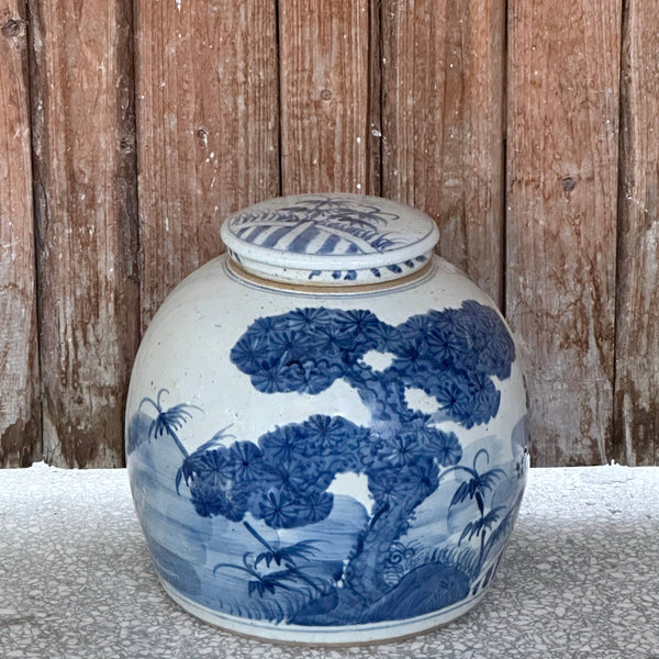 Cobalt Guild Home Decor Blue & White Porcelain Three Friends Large Round Storage Jar