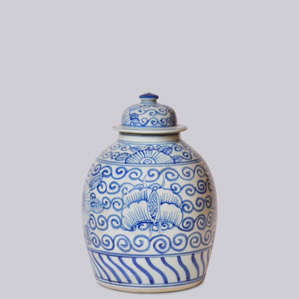 Cobalt Guild Home Decor Curlicue Butterfly Squat Blue and White Jar