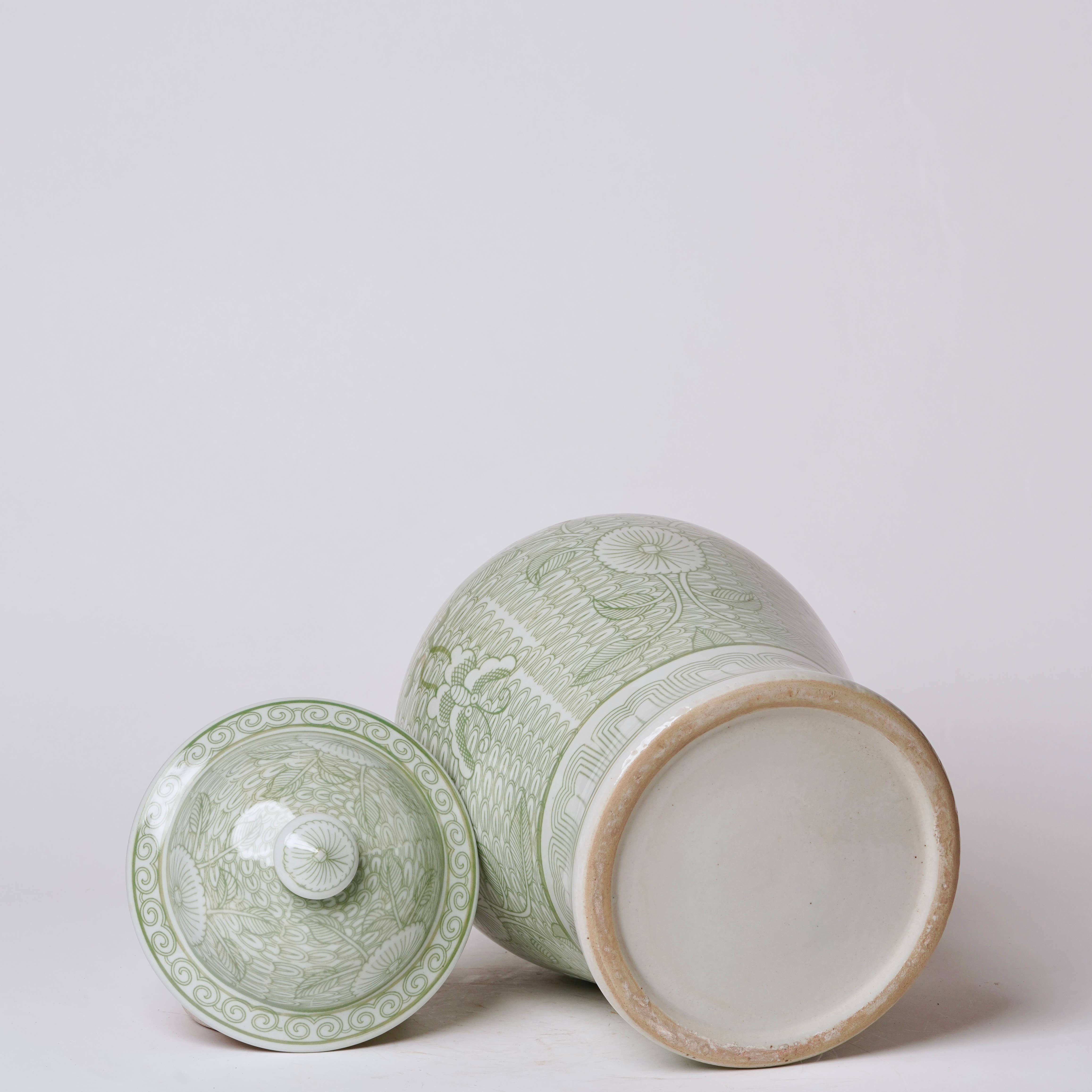 Cobalt Guild Home Decor Deco Peony Green and White Porcelain Temple Jar