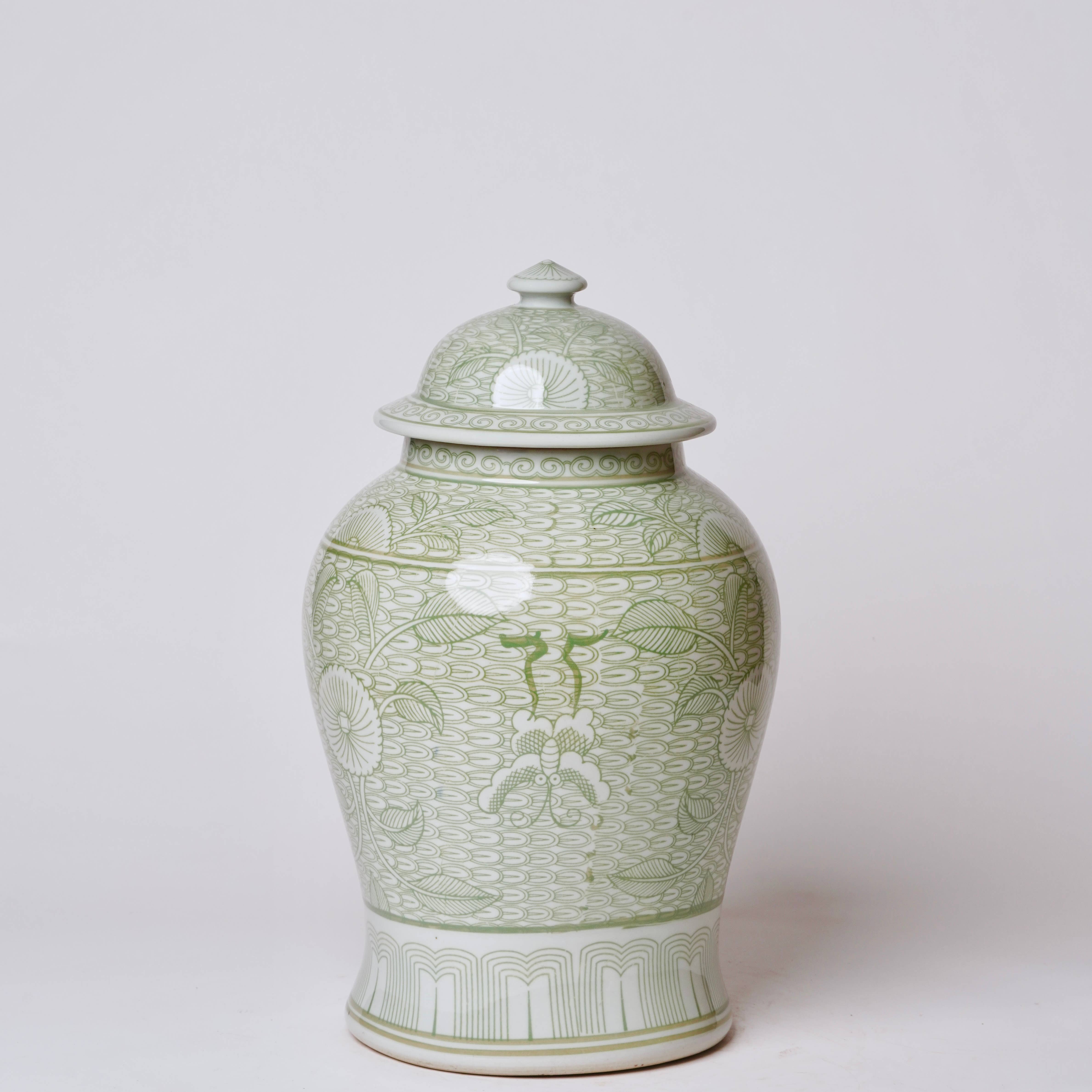 Cobalt Guild Home Decor Deco Peony Green and White Porcelain Temple Jar