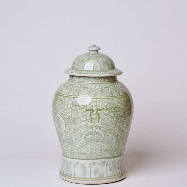 Cobalt Guild Home Decor Deco Peony Green and White Porcelain Temple Jar