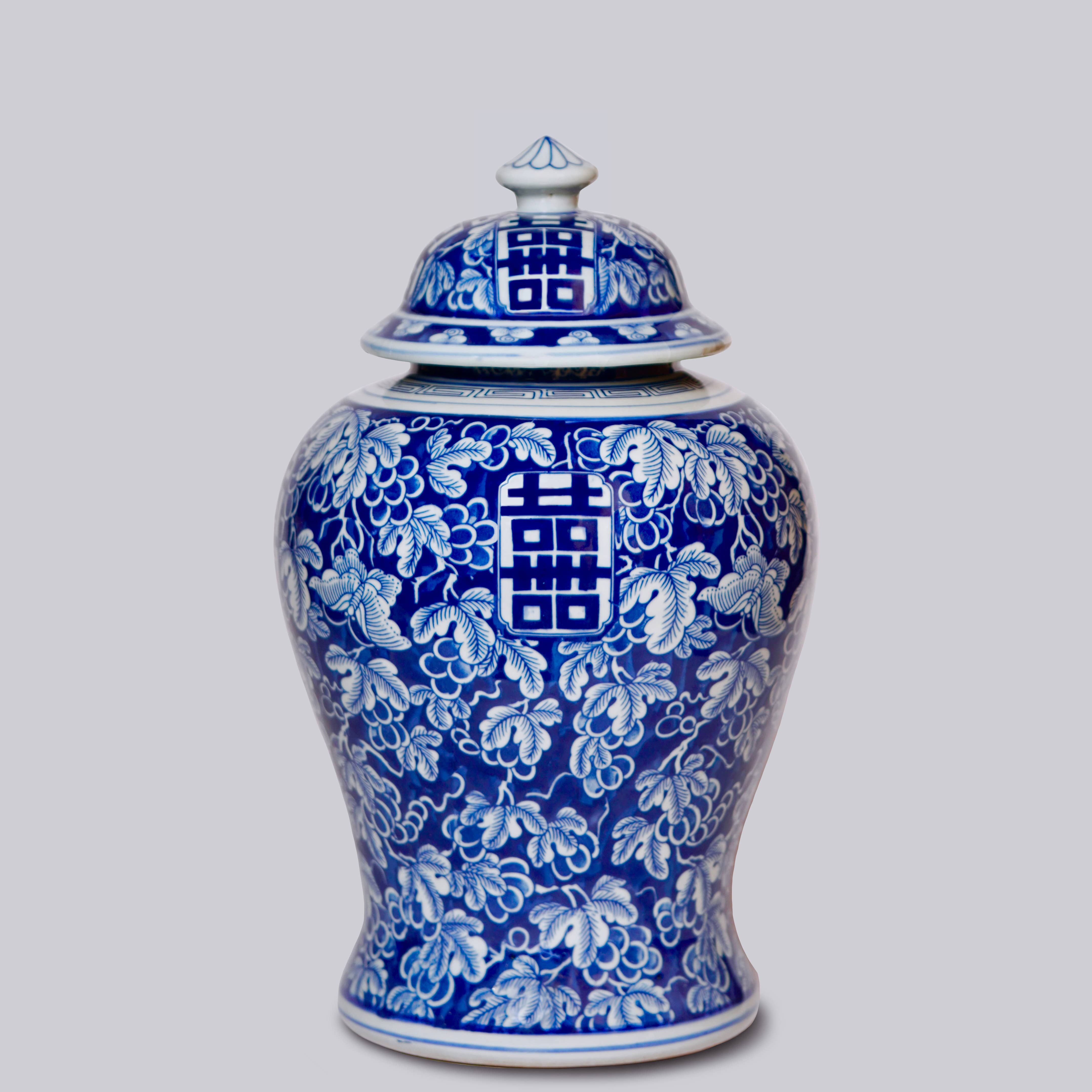 Cobalt Guild Home Decor Double Happiness/Grapes Blue and White Temple Jar