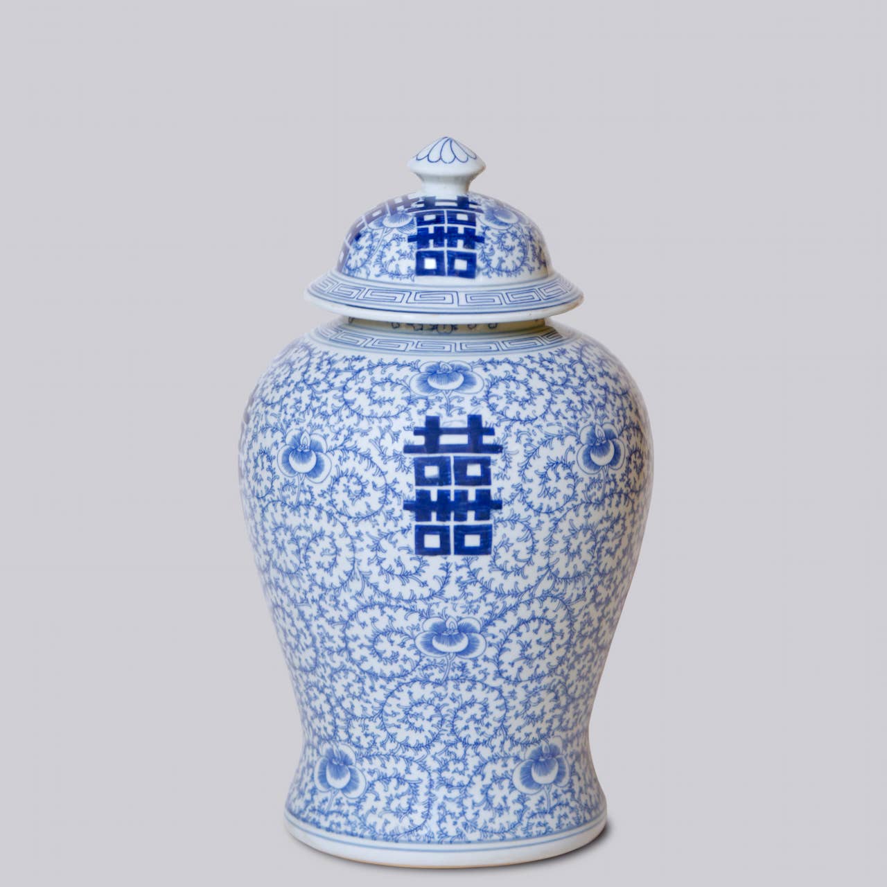 Cobalt Guild Home Decor Double Happiness/Scrolling Peony Blue and White Temple Jar