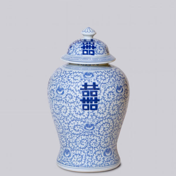 Cobalt Guild Home Decor Double Happiness/Scrolling Peony Blue and White Temple Jar