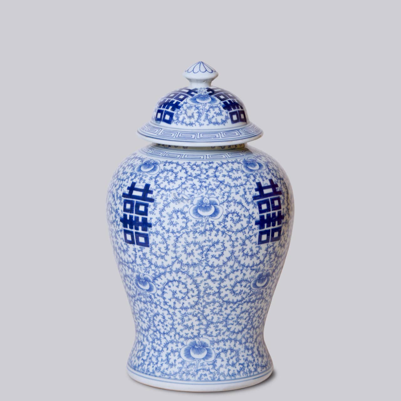 Cobalt Guild Home Decor Double Happiness/Scrolling Peony Blue and White Temple Jar