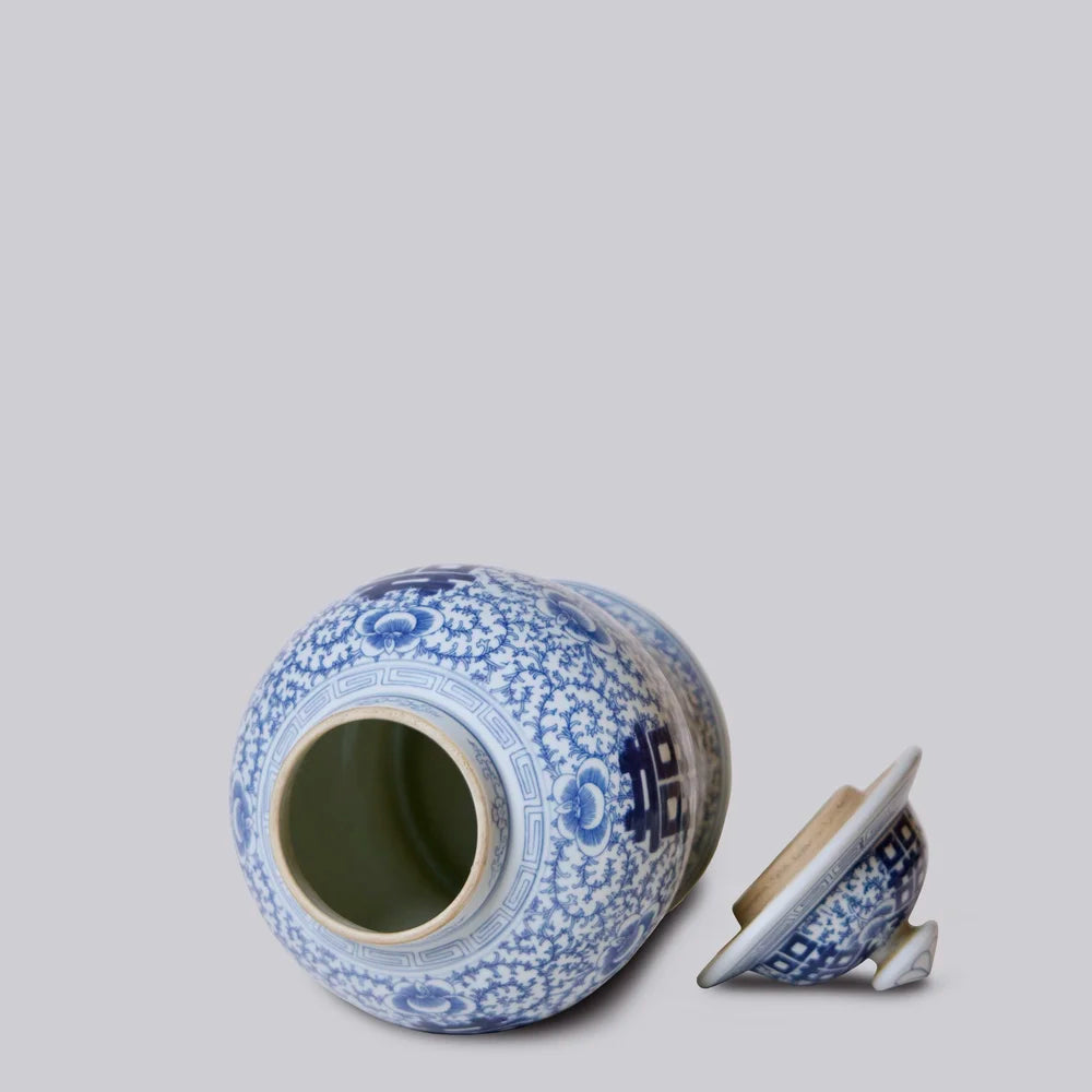 Cobalt Guild Home Decor Double Happiness Scrolling Peony Small Porcelain Ginger Jar