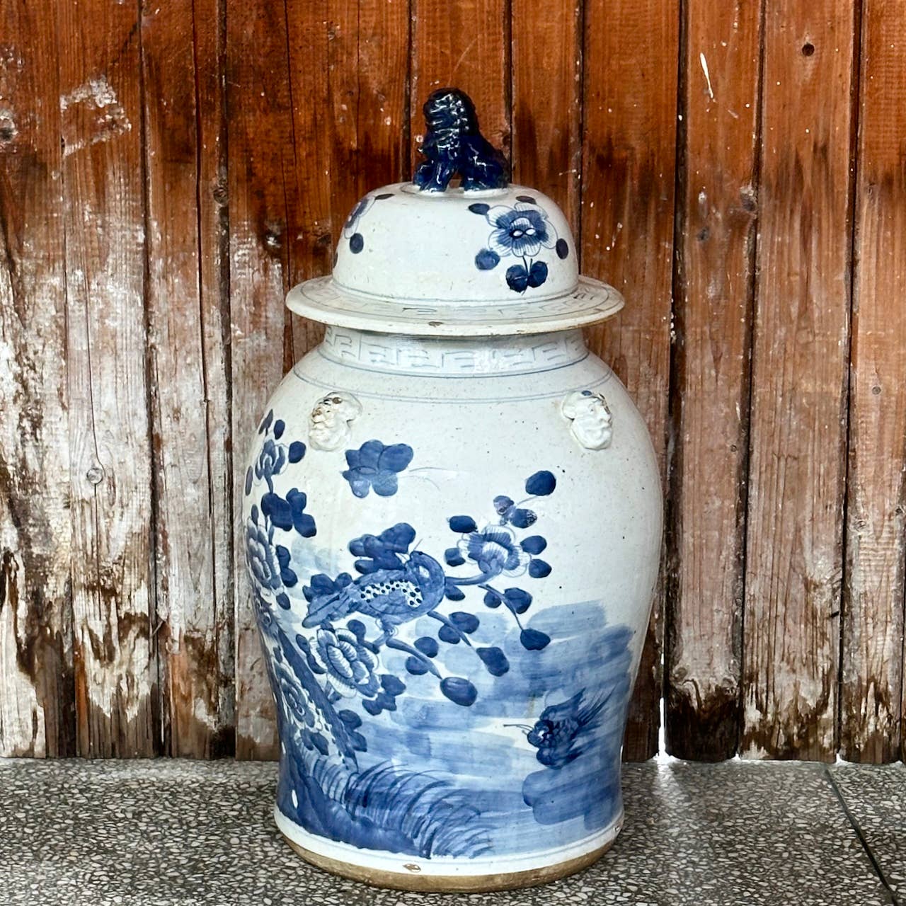Cobalt Guild Home Decor Extra Large Blue & White Bird & Flower Porcelain Temple Jar