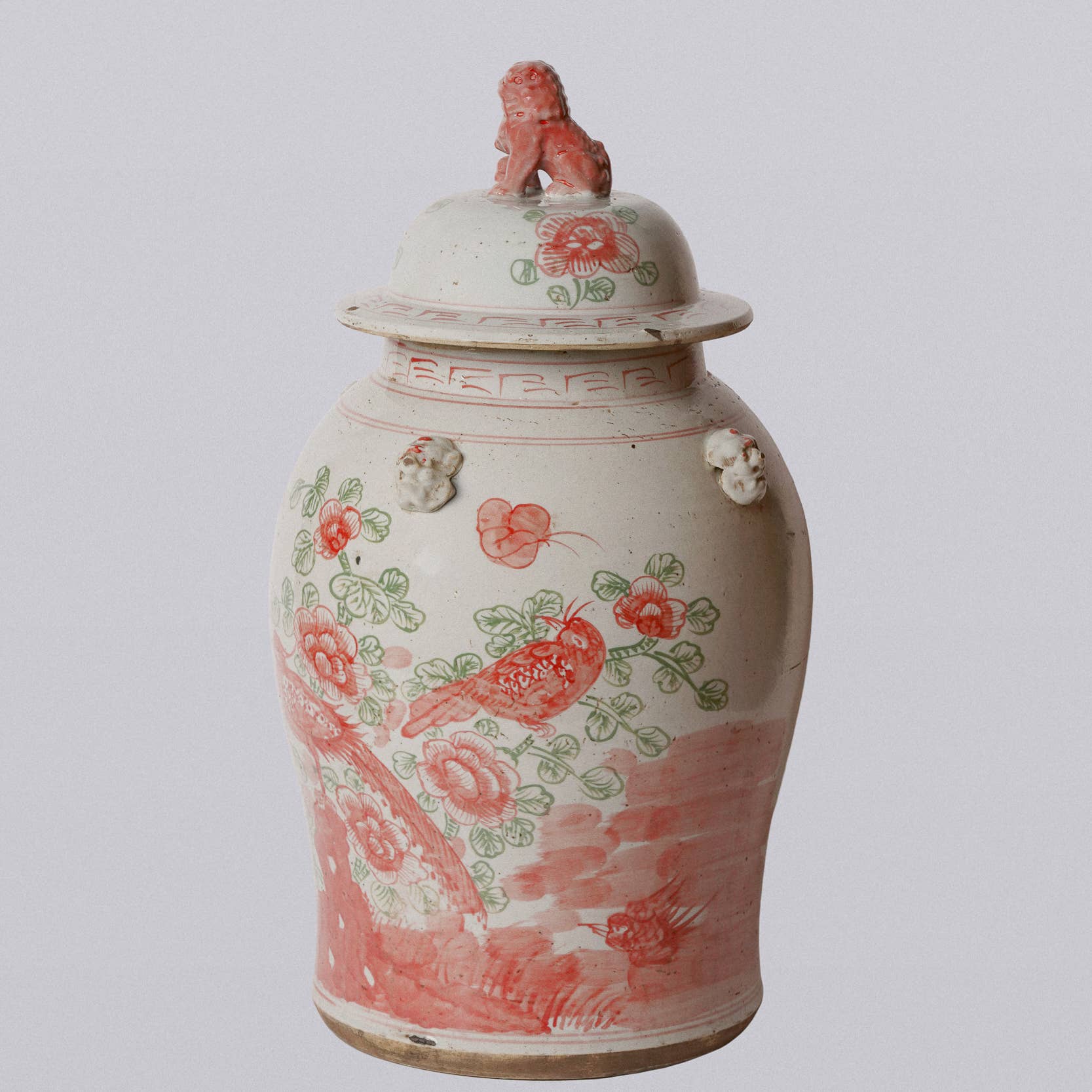 Cobalt Guild Home Decor Extra Large Pink & Green Porcelain Bird & Flower Temple Jar