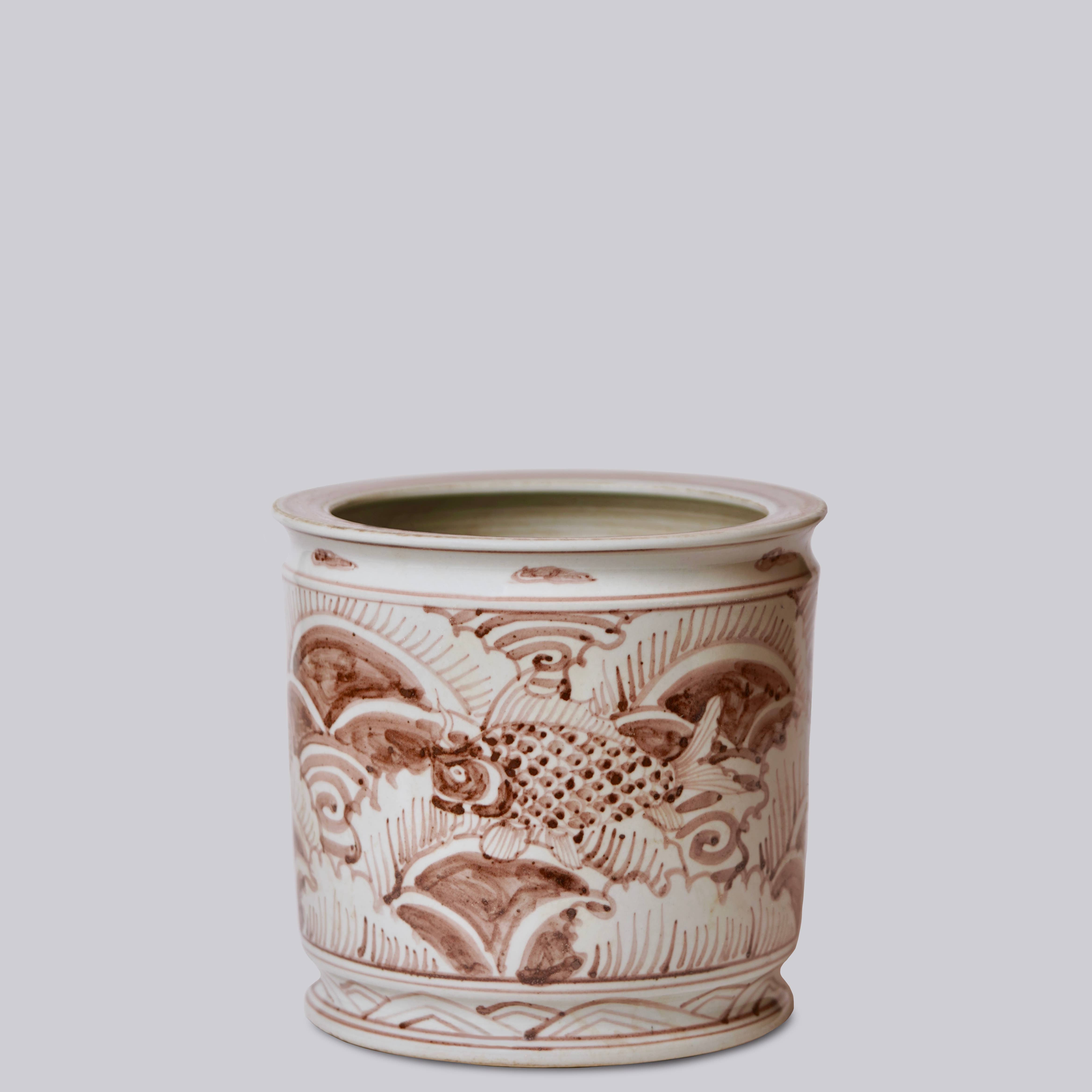 Cobalt Guild Home Decor Fish and Waves Red and White Porcelain Cachepot