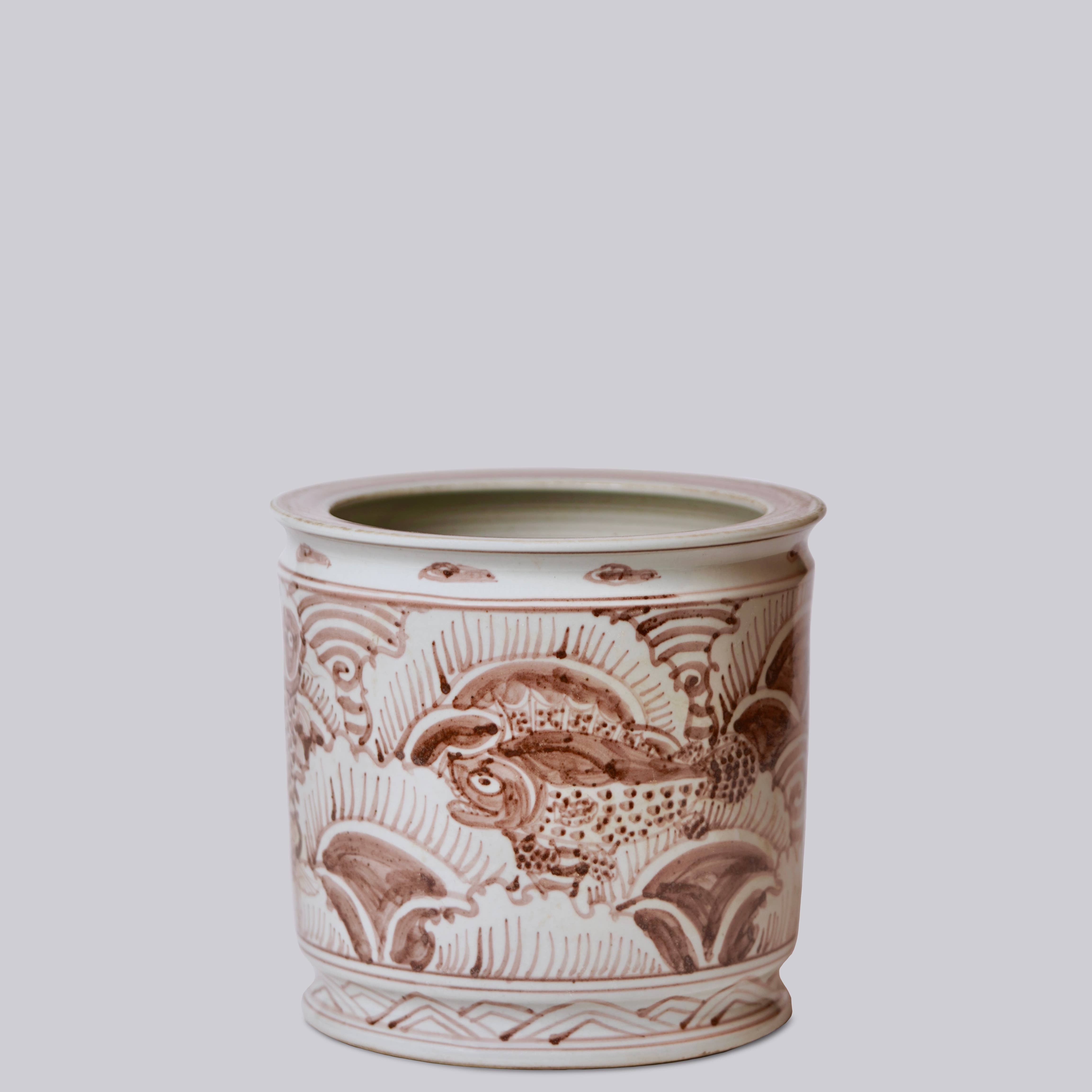 Cobalt Guild Home Decor Fish and Waves Red and White Porcelain Cachepot