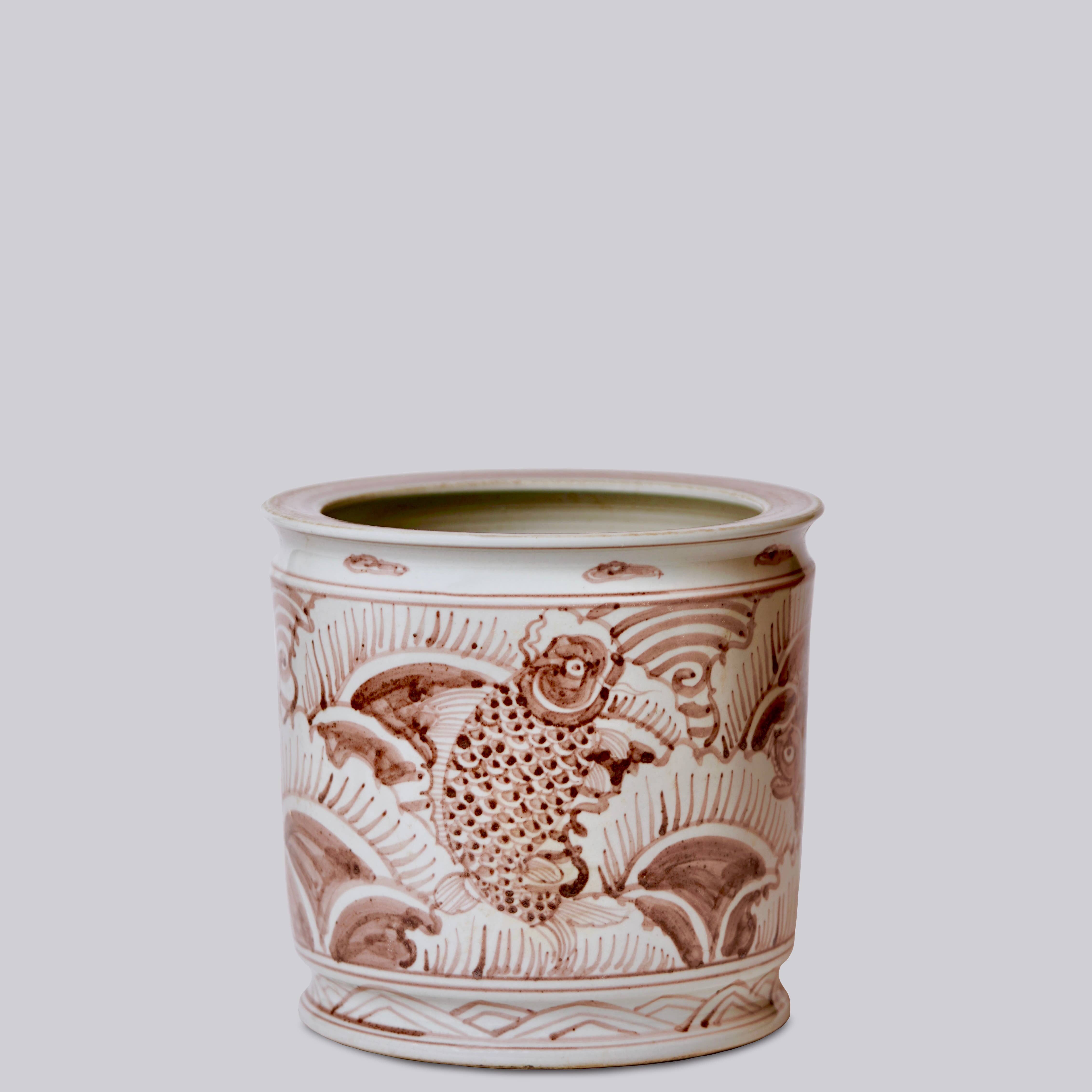 Cobalt Guild Home Decor Fish and Waves Red and White Porcelain Cachepot