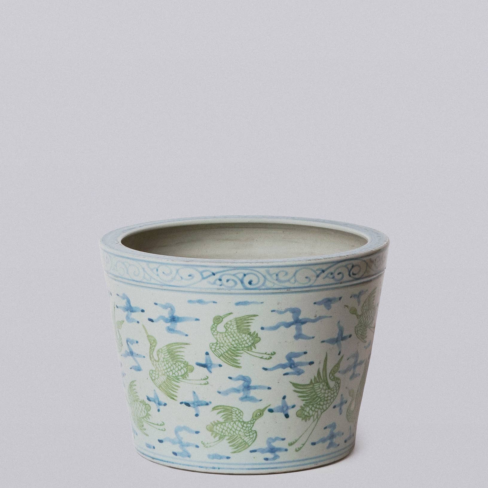 Cobalt Guild Home Decor Green and Blue Cranes and Clouds Porcelain Planter
