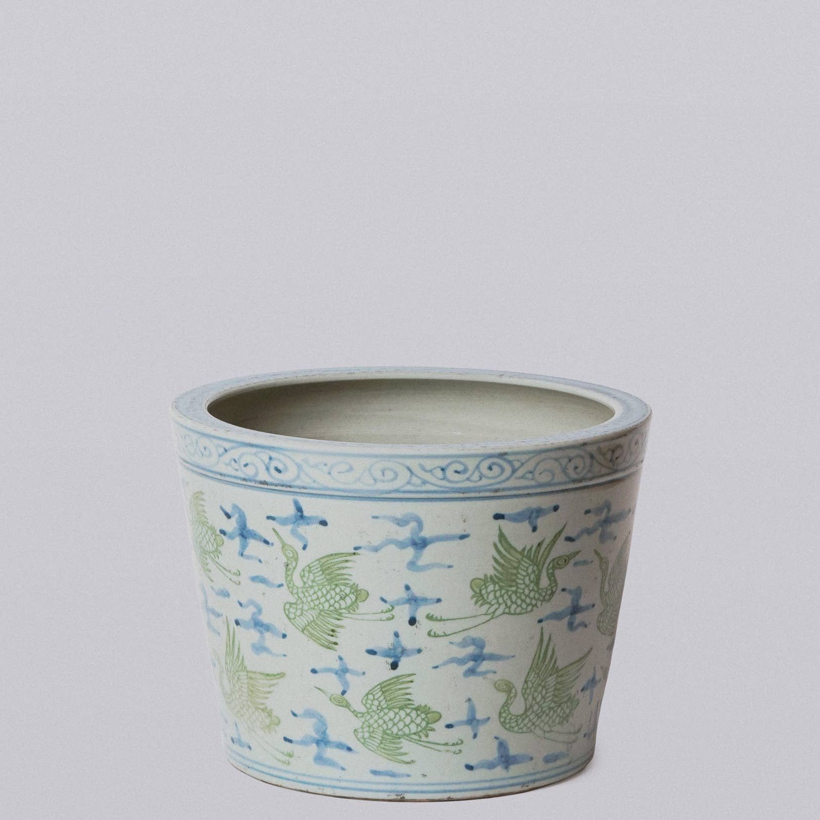 Cobalt Guild Home Decor Green and Blue Cranes and Clouds Porcelain Planter