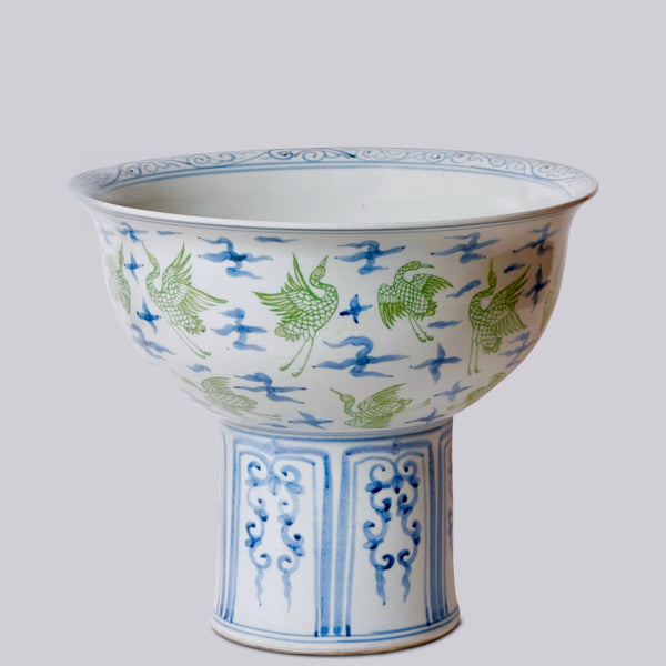 Cobalt Guild Home Decor Green and Blue Porcelain Crane and Clouds Large Footed Bowl