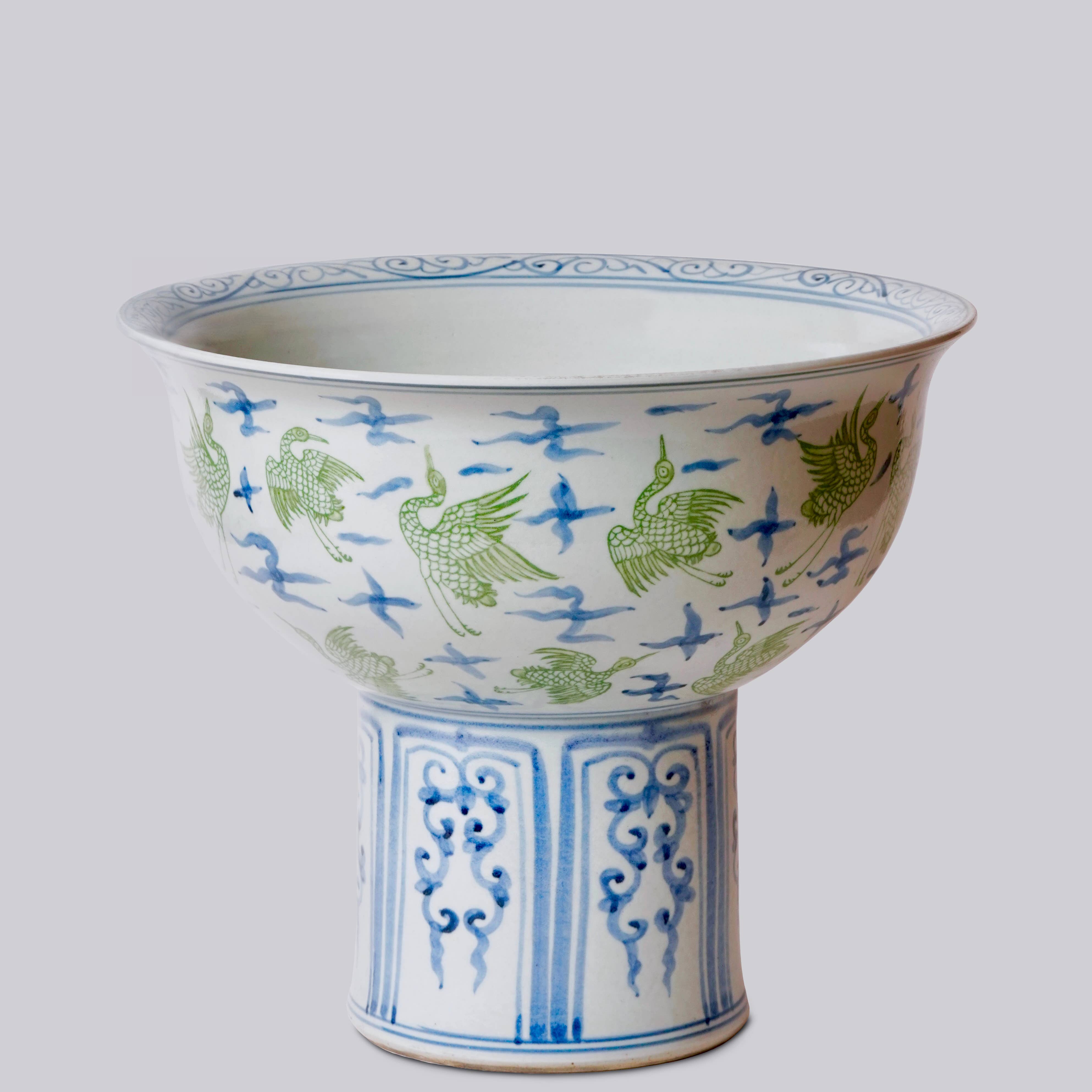Cobalt Guild Home Decor Green and Blue Porcelain Crane and Clouds Large Footed Bowl
