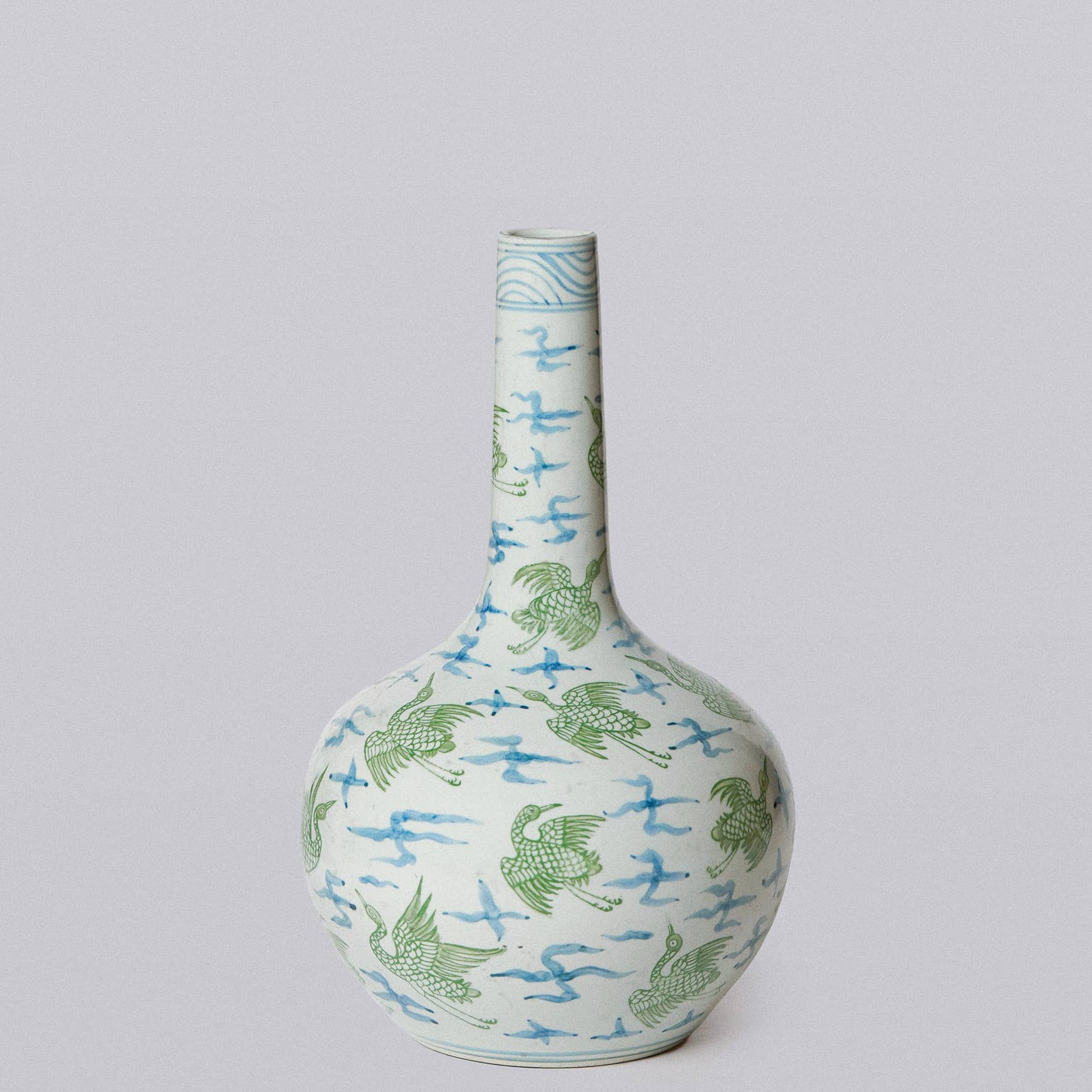 Cobalt Guild Home Decor Green and Blue Porcelain Cranes and Clouds Globe Vase