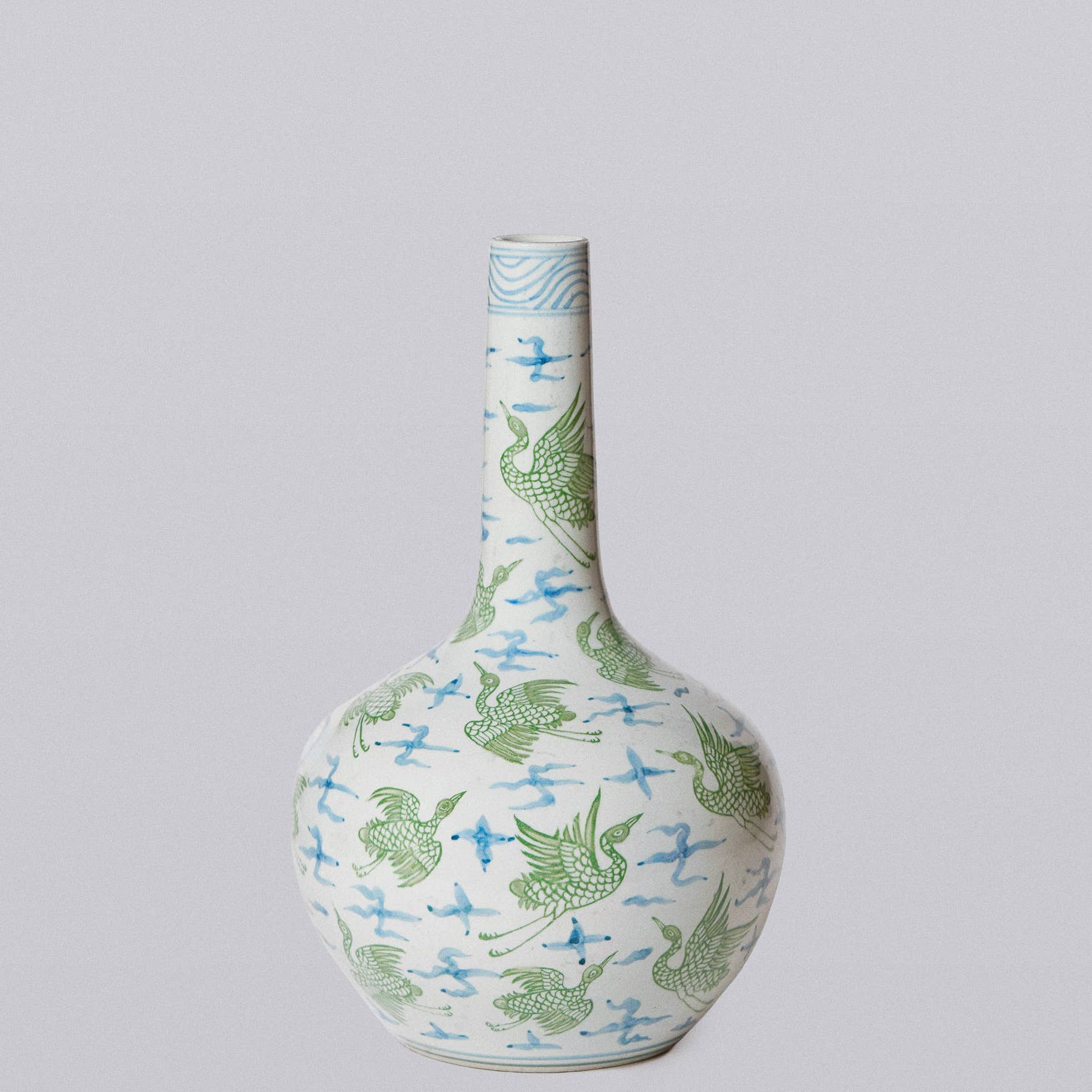 Cobalt Guild Home Decor Green and Blue Porcelain Cranes and Clouds Globe Vase