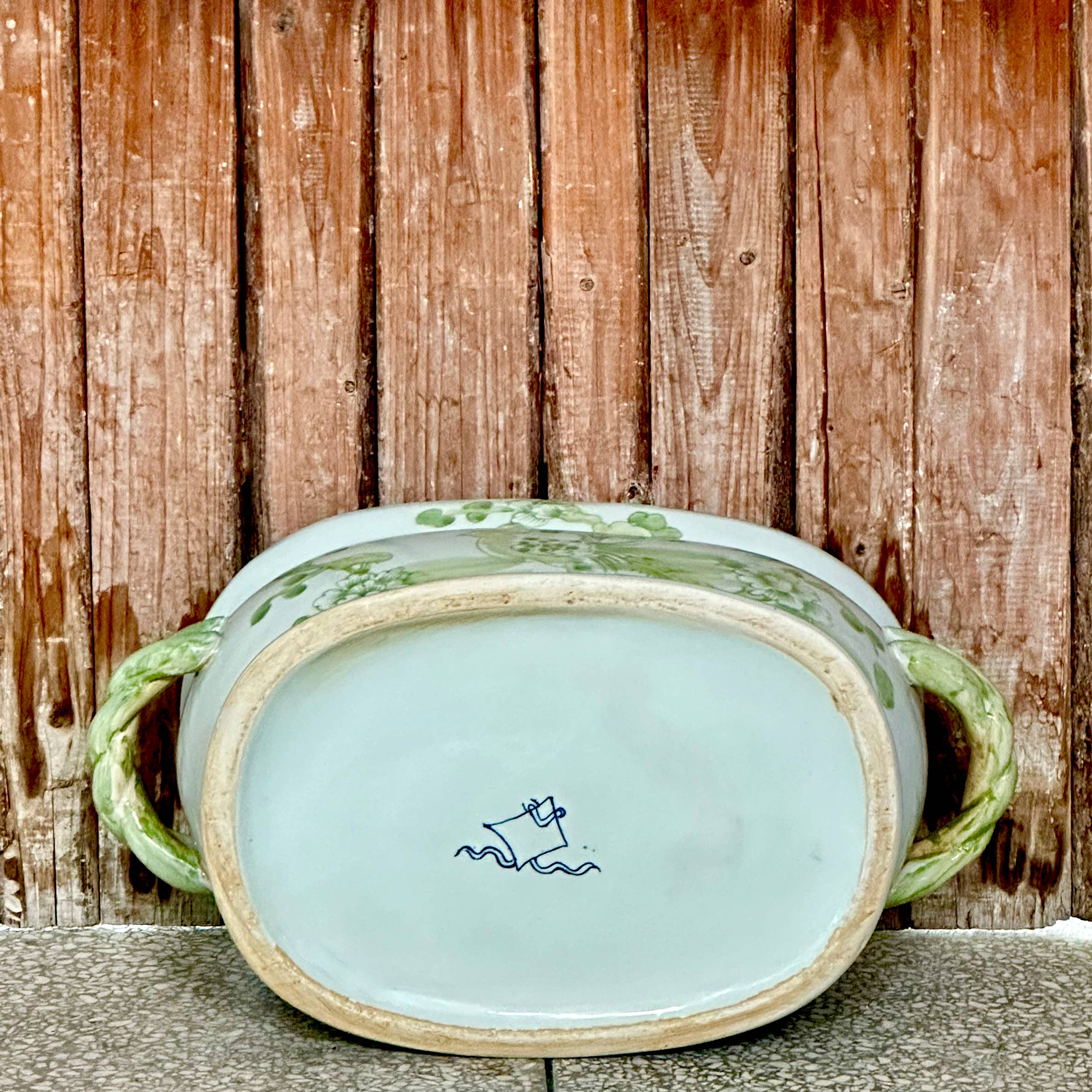 Cobalt Guild Home Decor Green and White Bird and Flower Porcelain Oval Compote