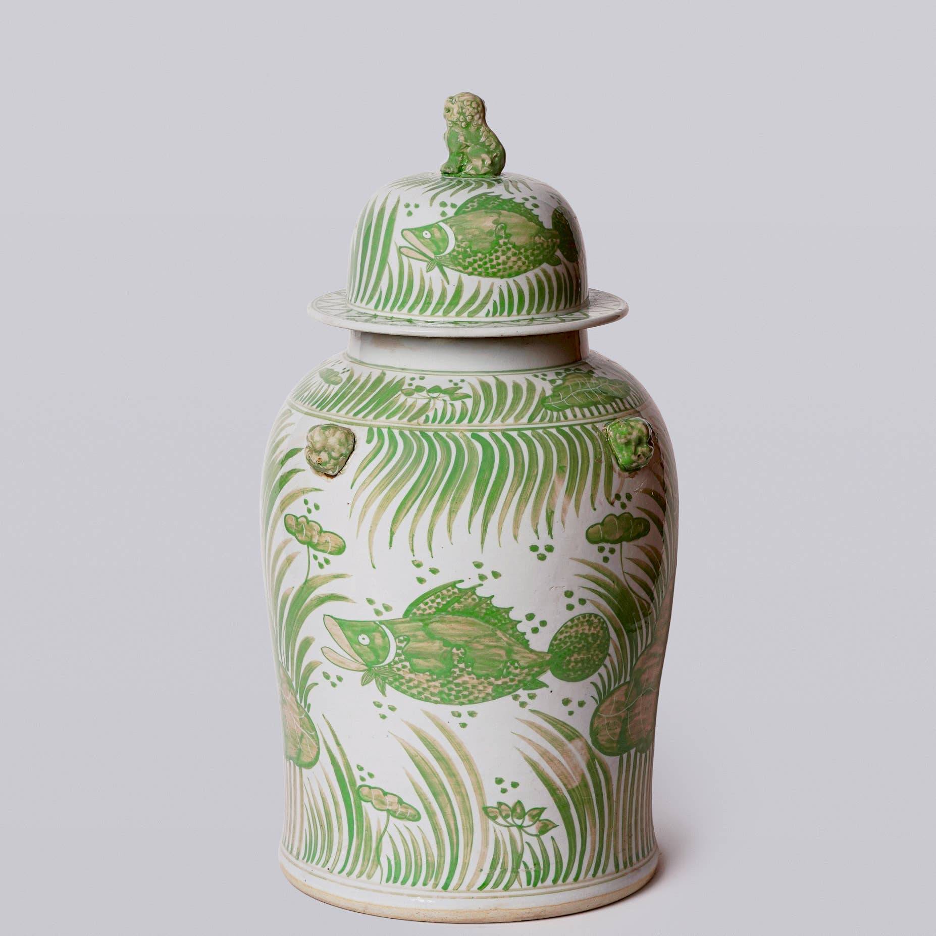 Cobalt Guild Home Decor Green and White Fish and Lotus Porcelain Temple Jar