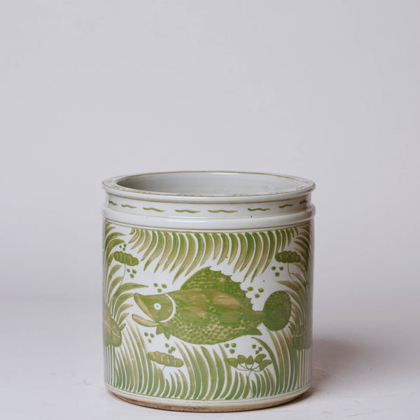 Cobalt Guild Home Decor Green and White Porcelain Fish and Lotus Cachepot