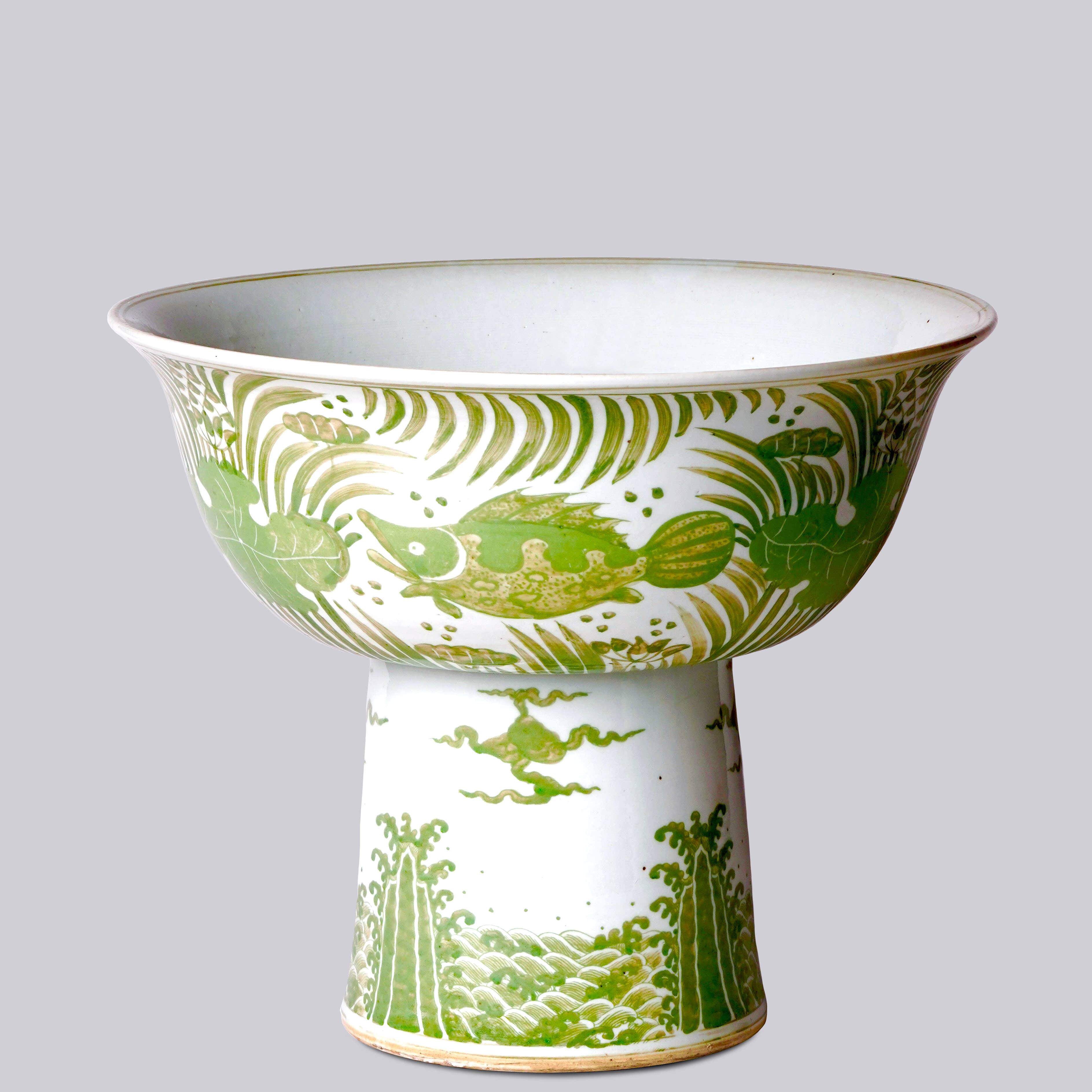 Cobalt Guild Home Decor Green and White Porcelain Fish and Lotus Large Footed Bowl