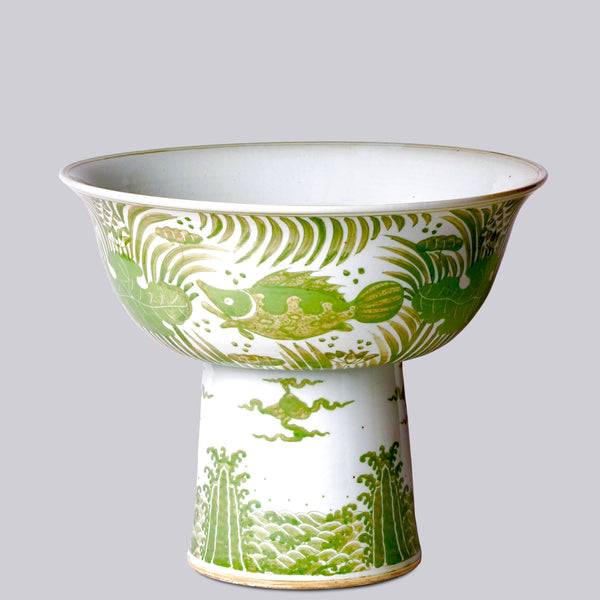 Cobalt Guild Home Decor Green and White Porcelain Fish and Lotus Large Footed Bowl