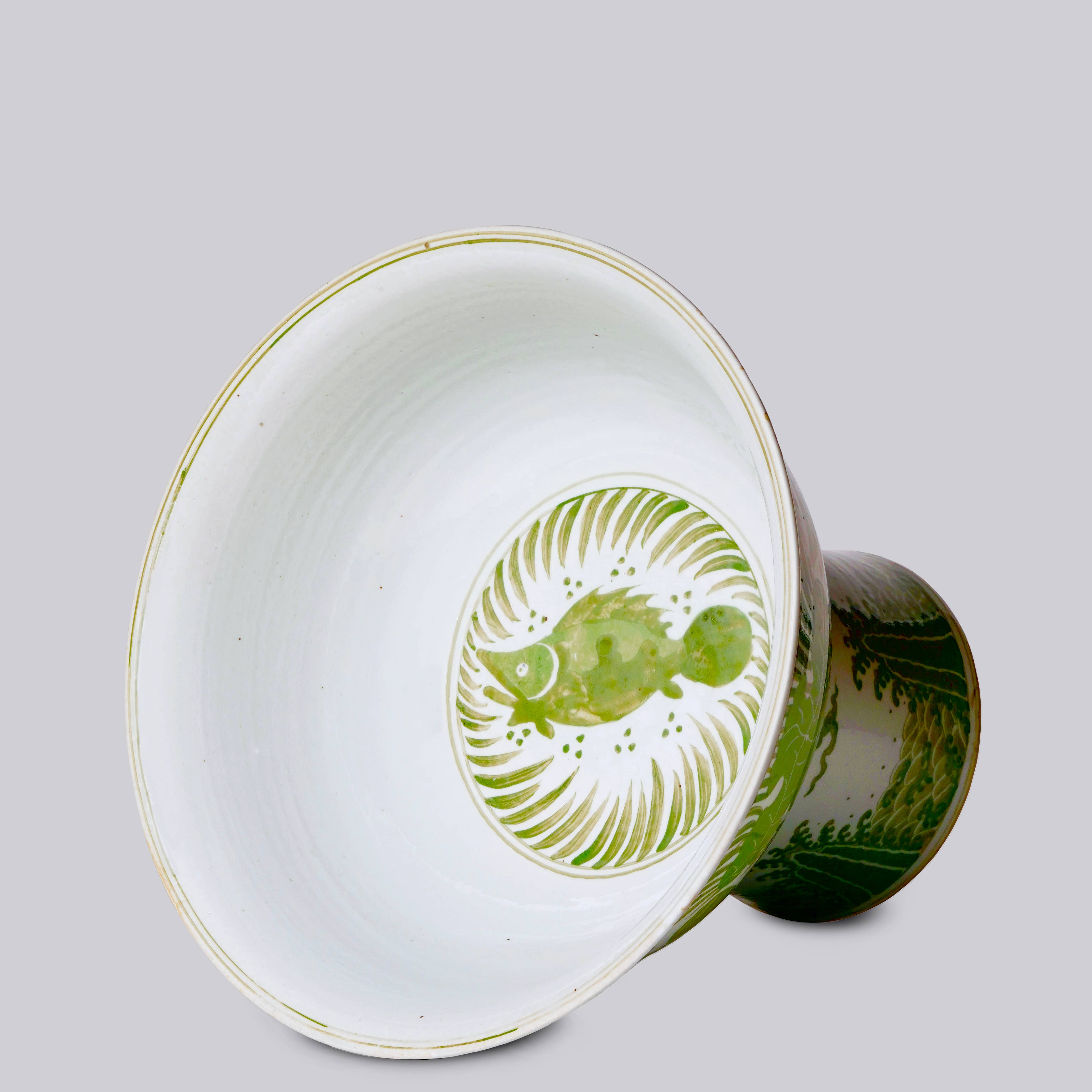 Cobalt Guild Home Decor Green and White Porcelain Fish and Lotus Large Footed Bowl