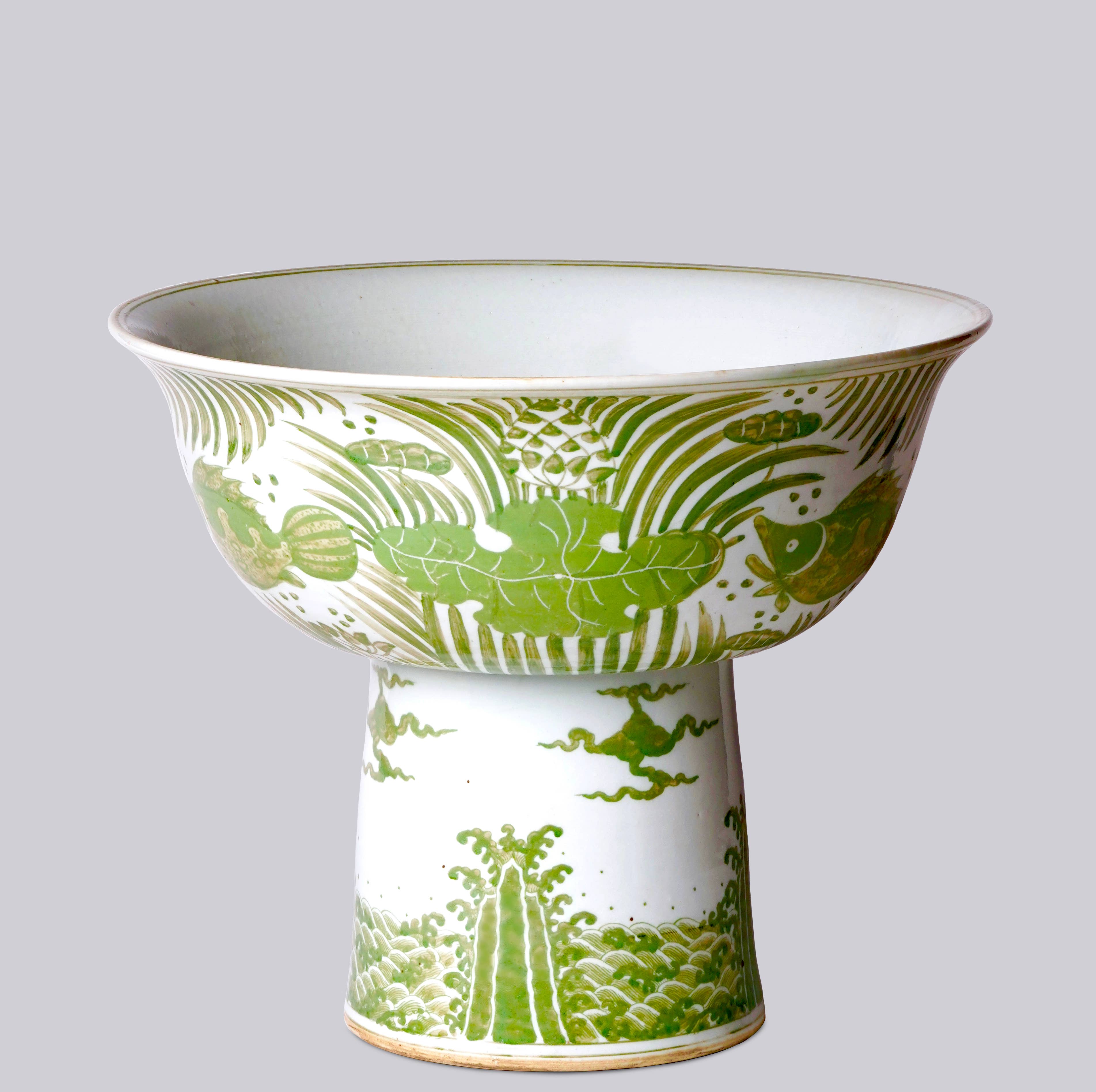 Cobalt Guild Home Decor Green and White Porcelain Fish and Lotus Large Footed Bowl