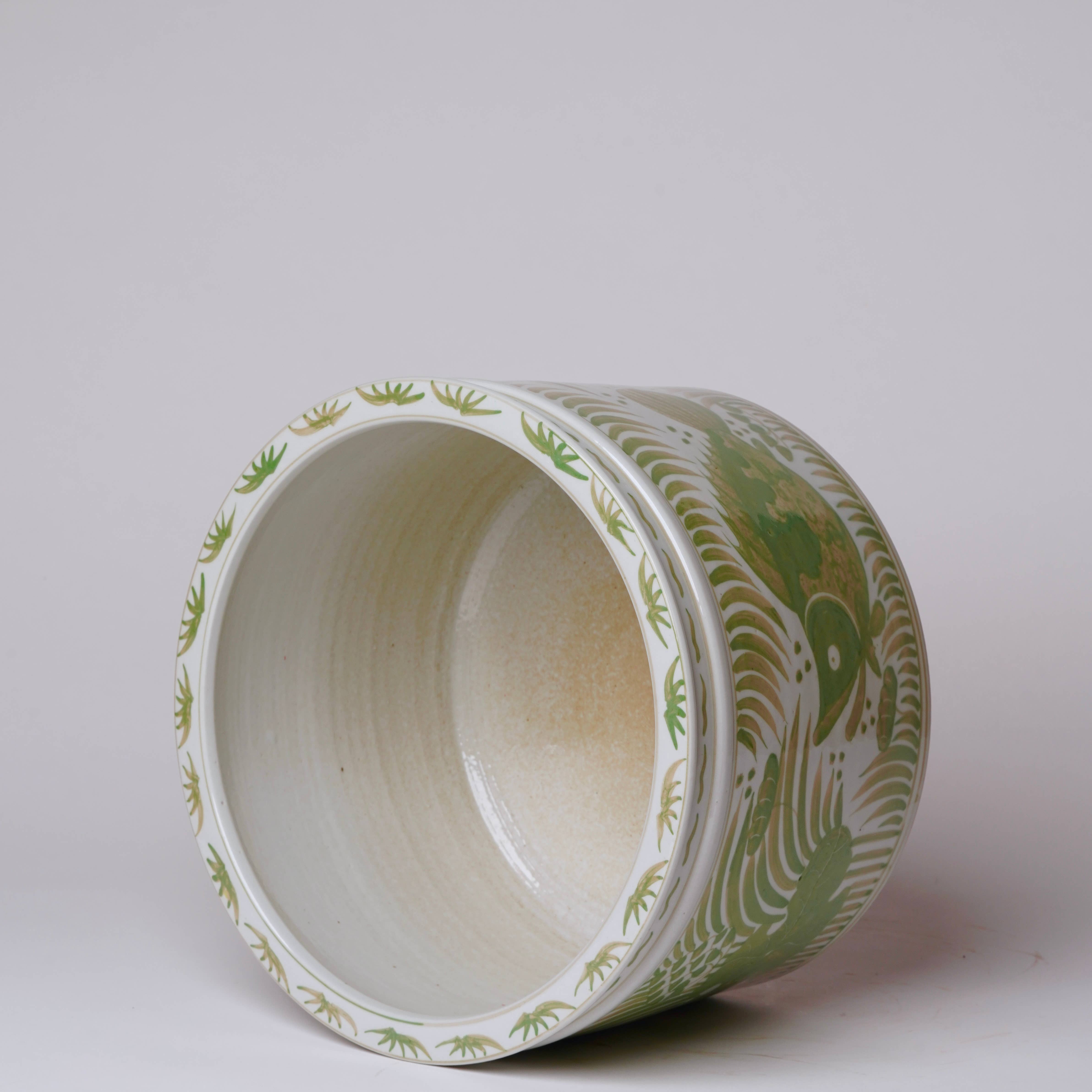 Cobalt Guild Home Decor Green and White Porcelain Fish and Lotus Wide Cachepot